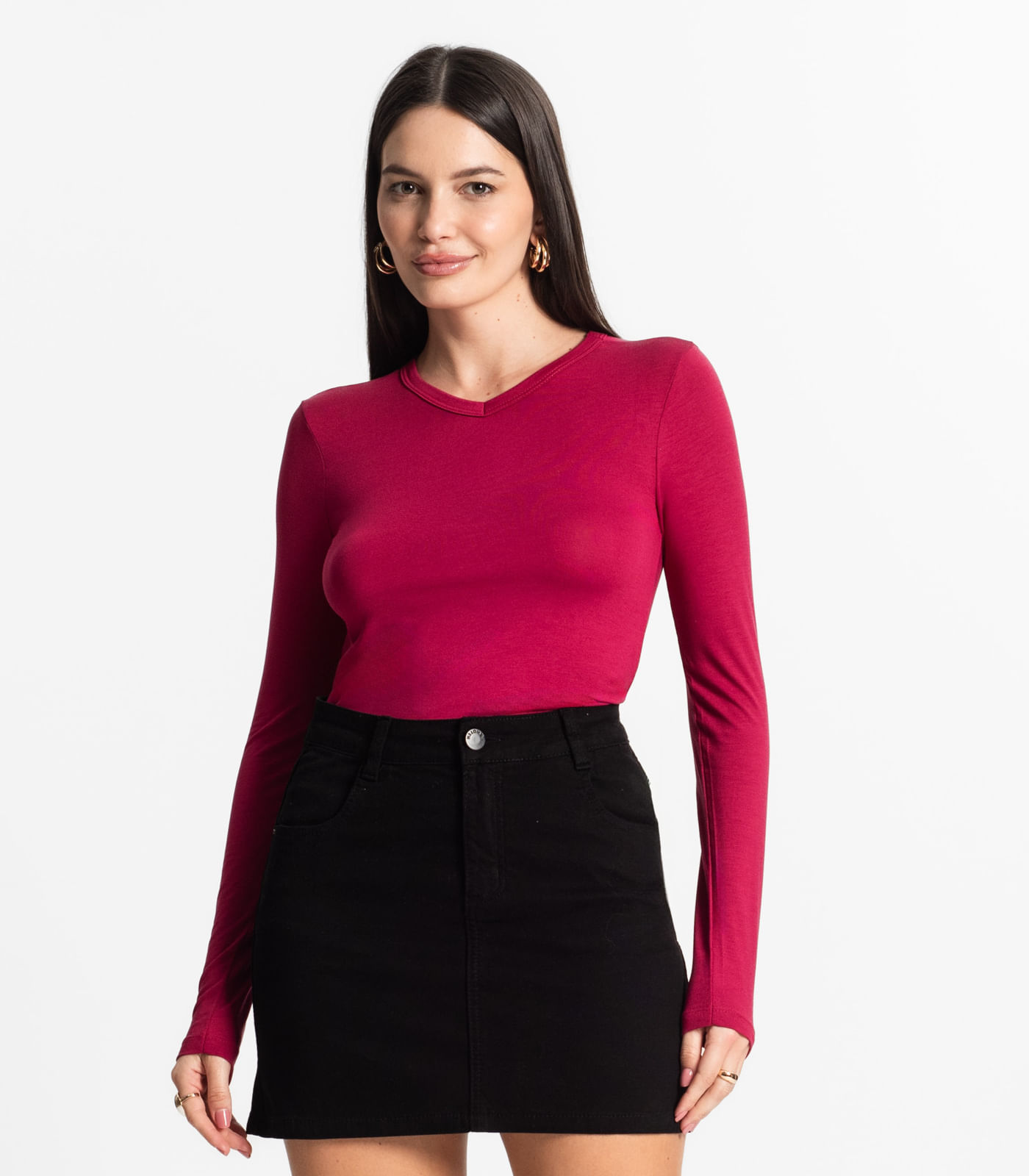 Blusa Manga Longa Decote V Básica Select Vermelho