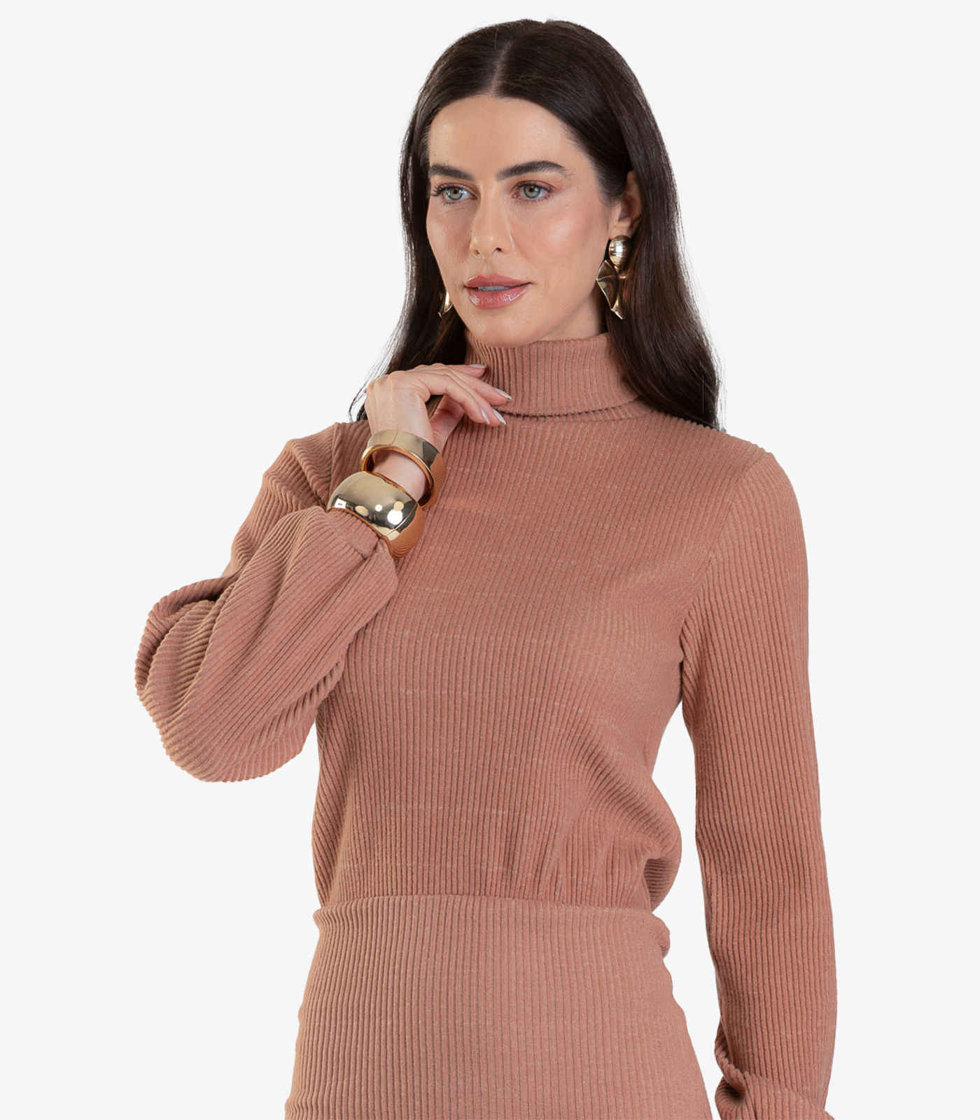 Vestido Canelado Manga Longa Com Gola Nolita Rosa - Imagem 2