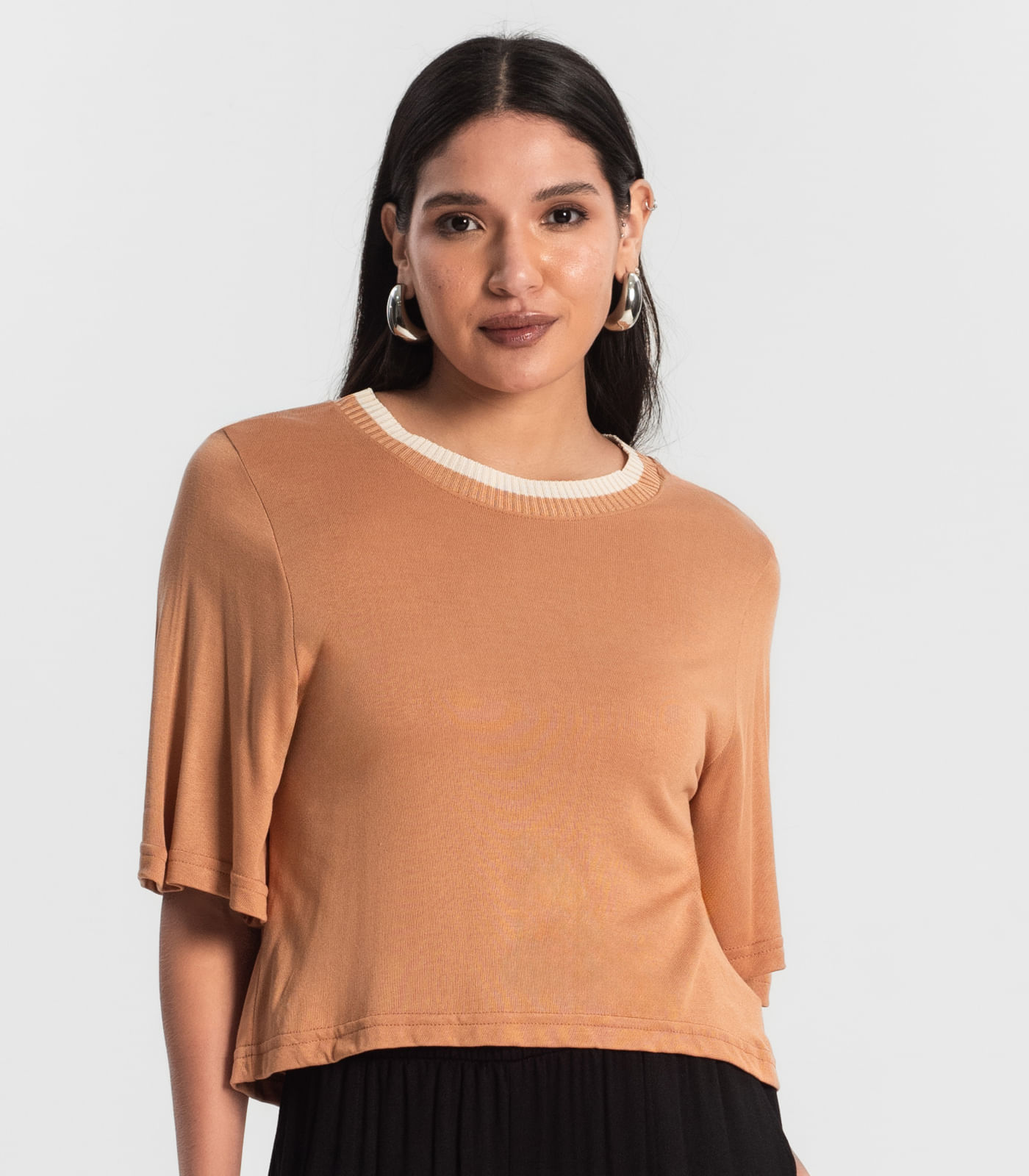 Camiseta Feminina Meia Malha Manga Fluída Rovitex Marrom - Imagem 2