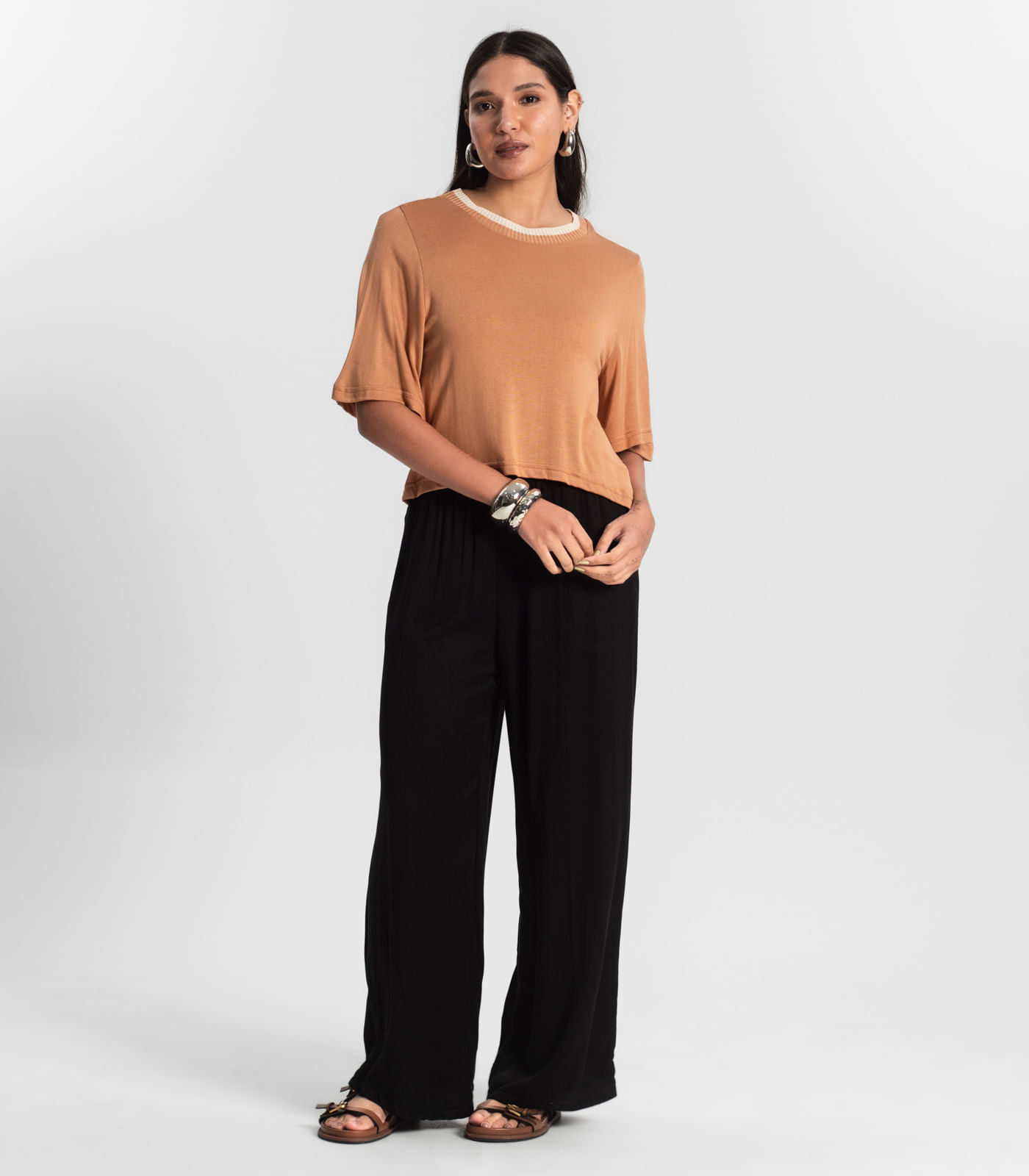 Camiseta Feminina Meia Malha Manga Fluída Rovitex Marrom - Imagem 4