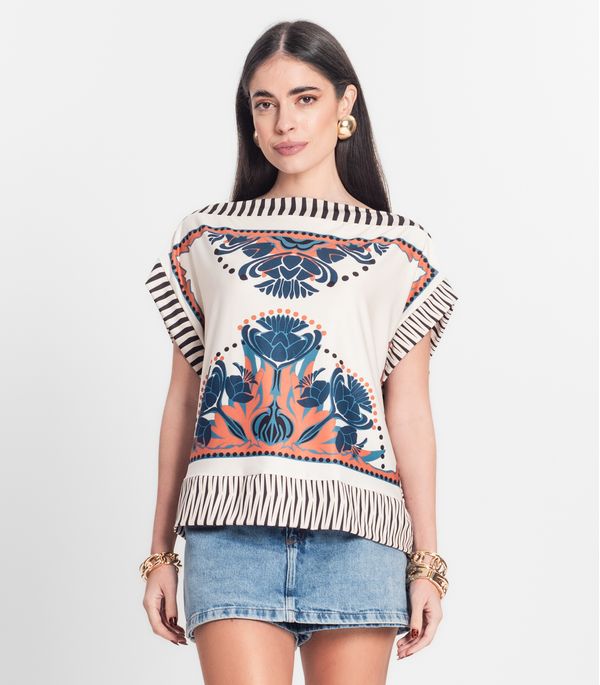 Blusa Feminina Manga Curta Estampada Donna Bege P