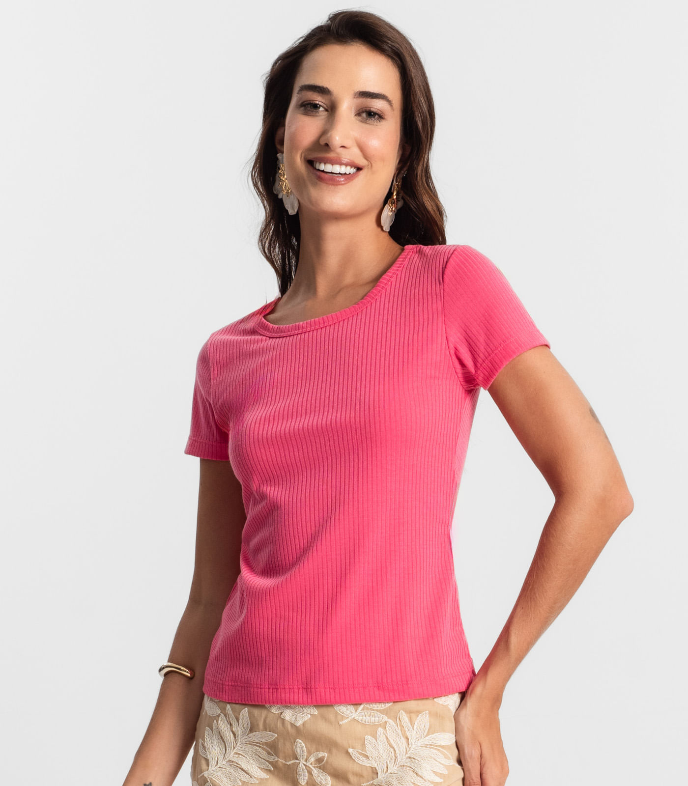 Blusa Feminina Manga Curta Canelada KO Rosa - Imagem 2