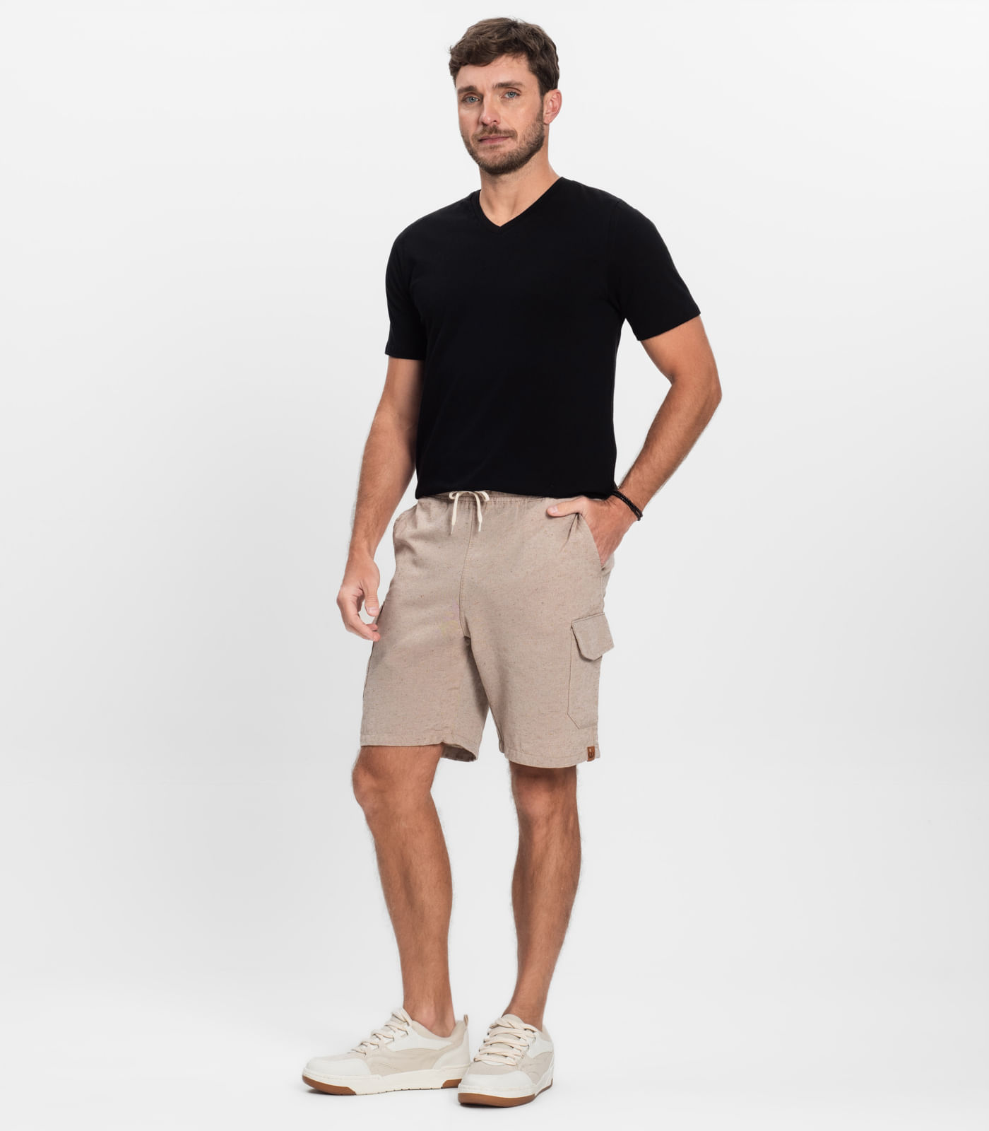 Bermuda Masculina Sarja Cargo Com Elástico Shift Bege - Imagem 4