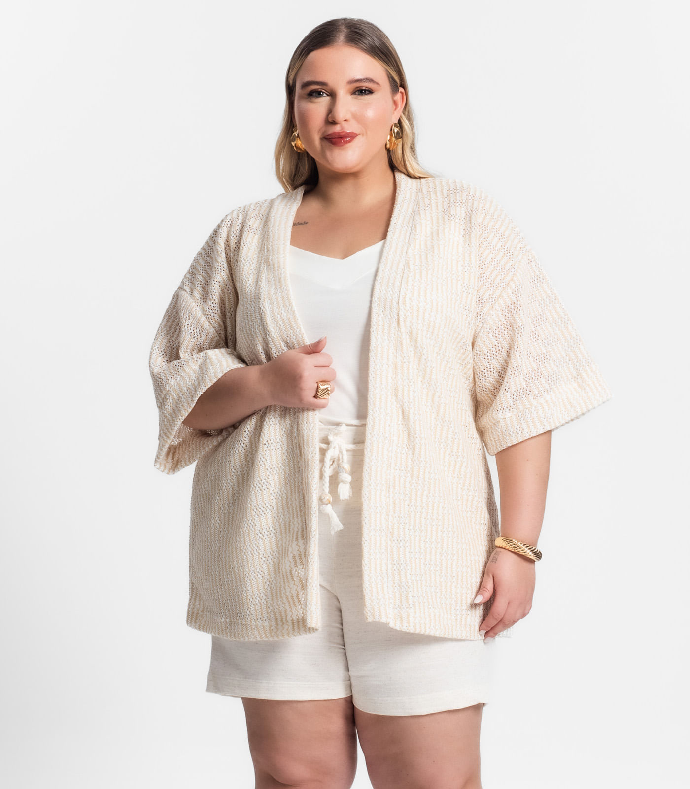 Kimono Feminino Plus Size em Tricot Secret Glam Bege