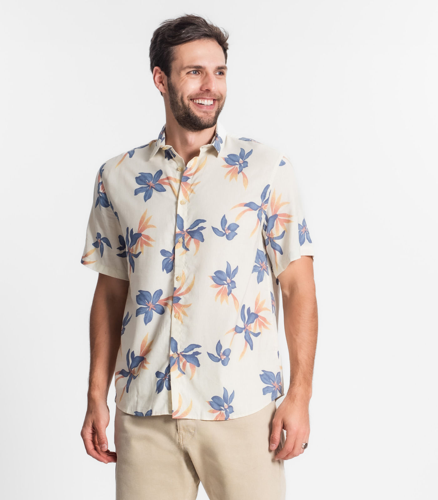 Camisa Masculina Florida Com Botões Select Bege