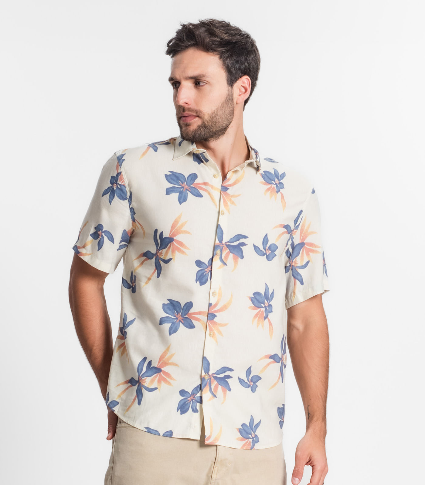 Camisa Masculina Florida Com Botões Select Bege - Imagem 2