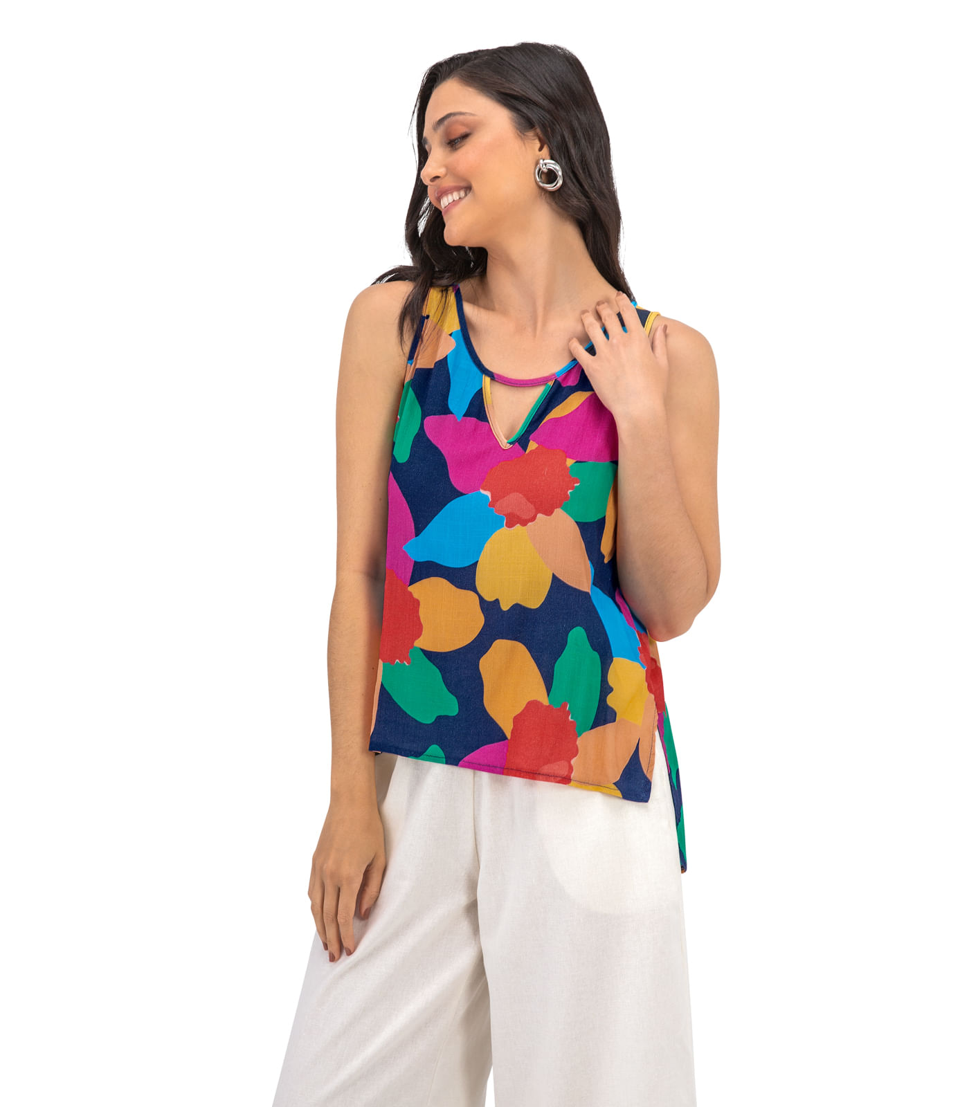 Regata Feminina Flores Assimétrica Rovitex Azul - Imagem 3