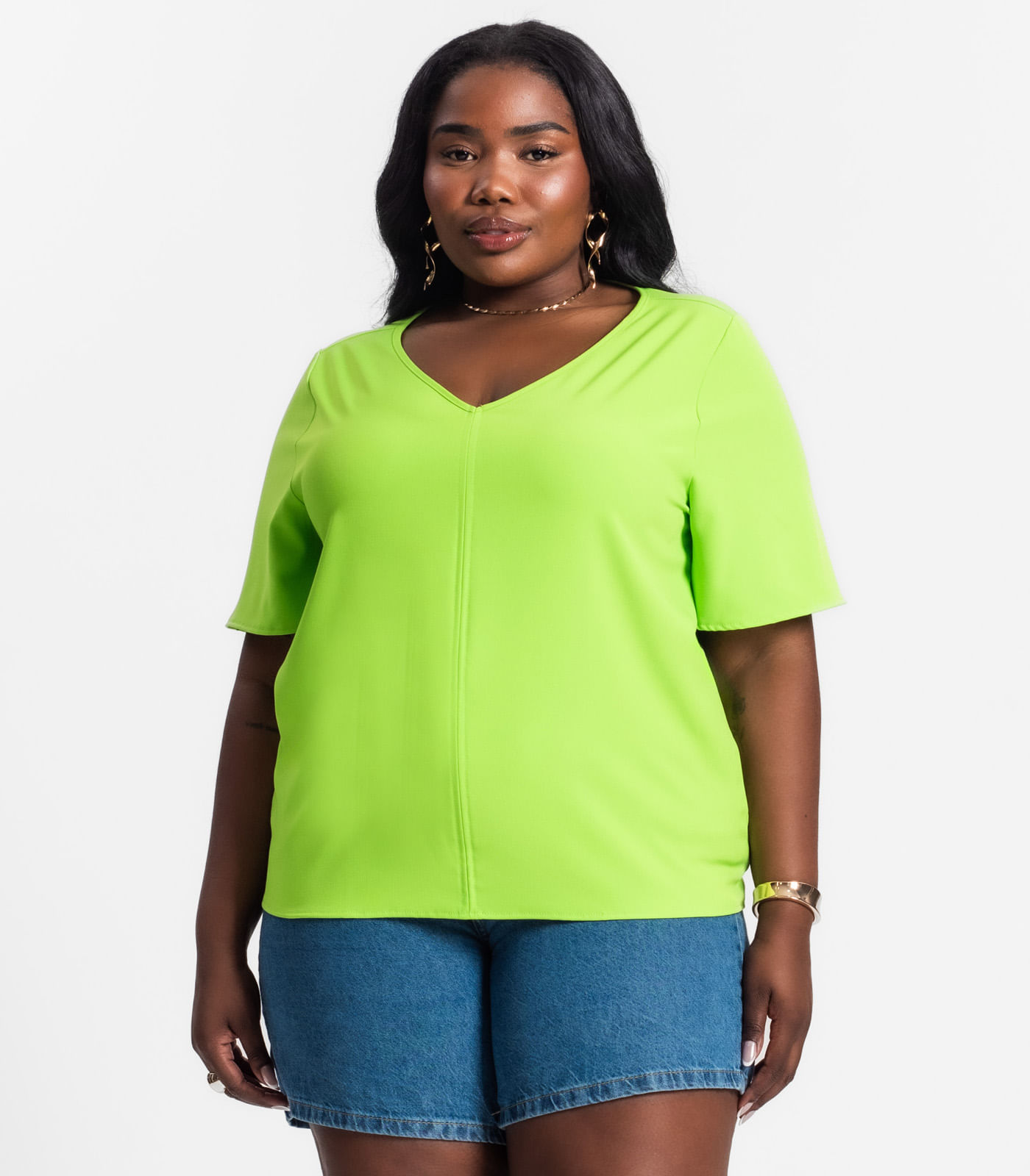 Blusa Plus Size Feminina Decote V Secret Glam Verde