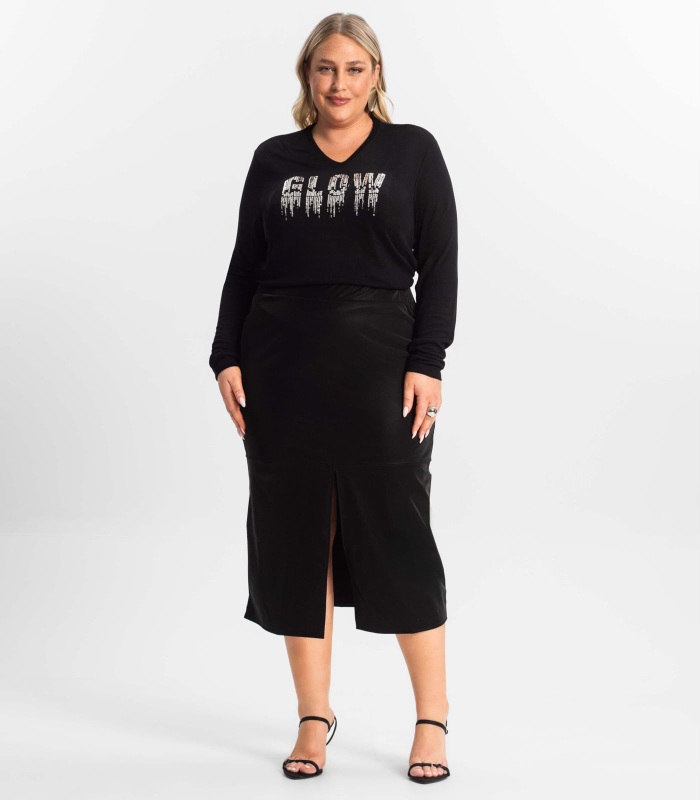 Saia Midi Plus Size com Fenda Secret Glam Preto