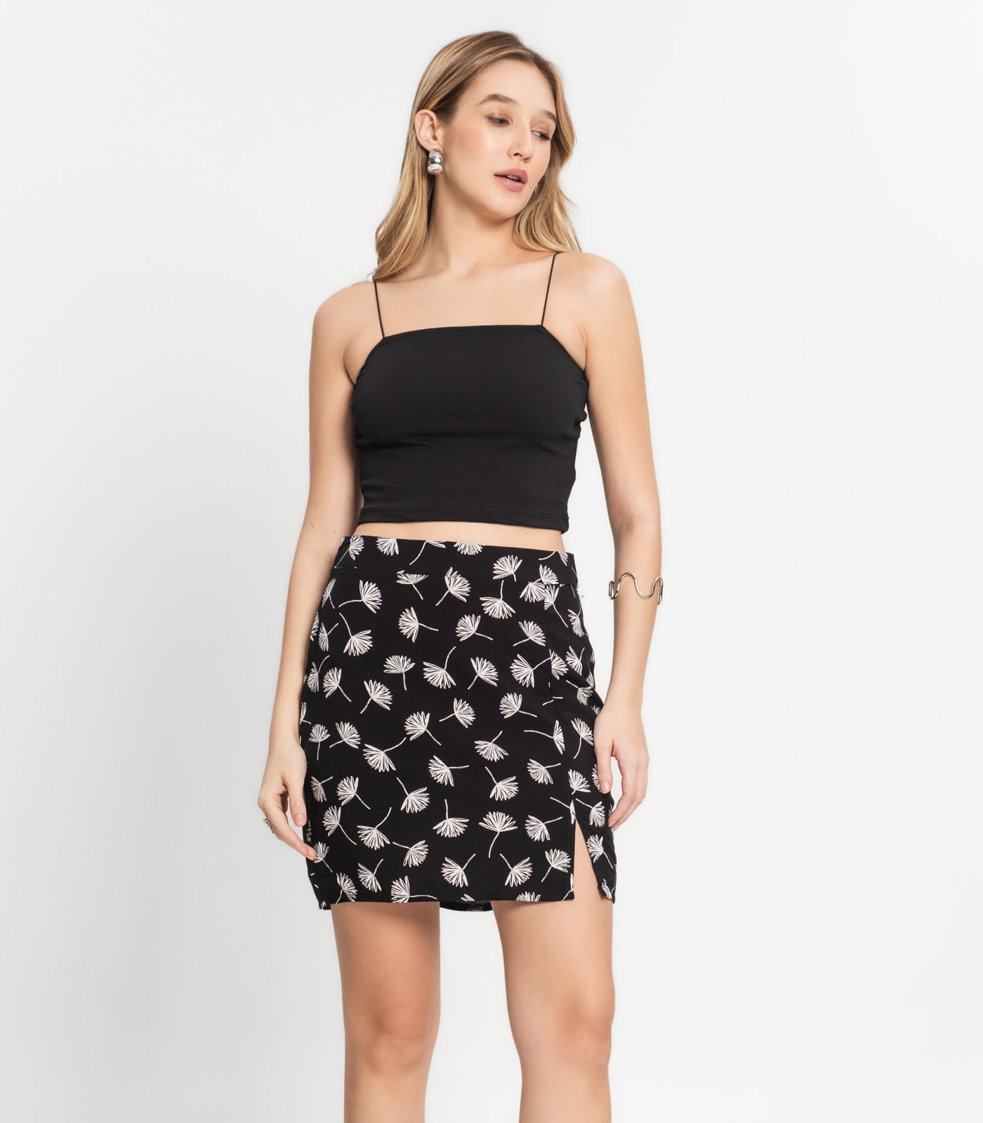 Conjunto Feminino Saia Estampada e Cropped Select Preto