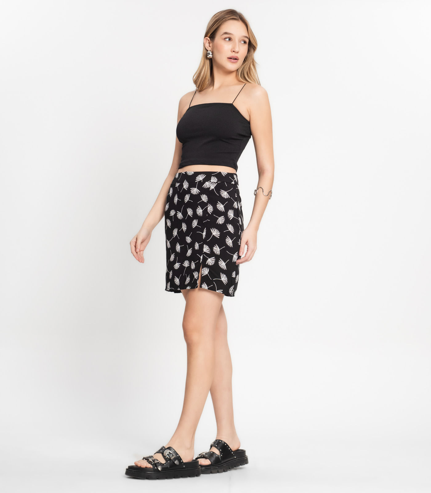 Conjunto Feminino Saia Estampada e Cropped Select Preto - Imagem 5