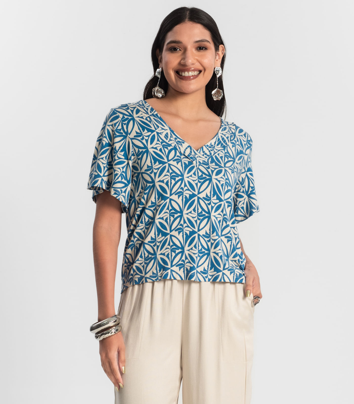 Blusa Feminina Estampada Godê Rovitex Azul