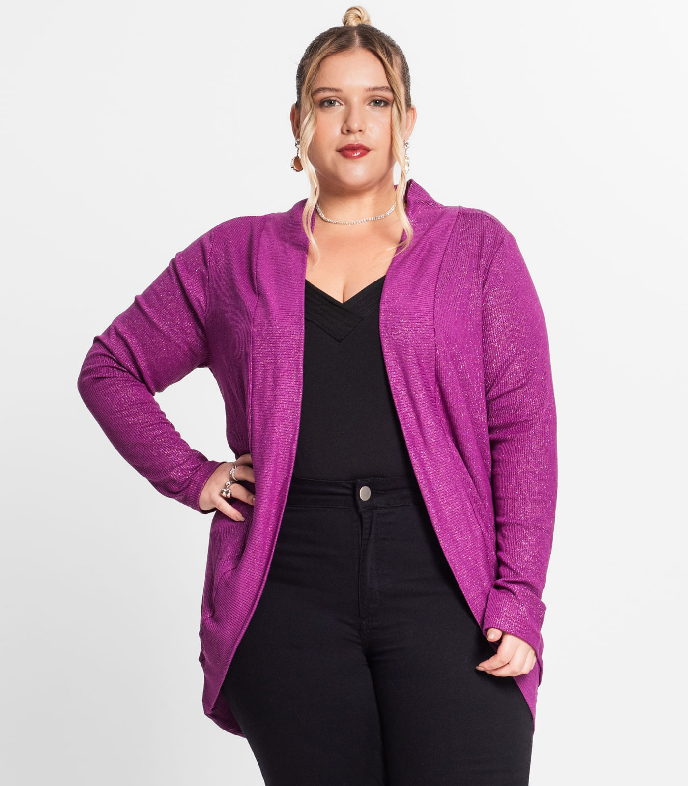 Cardigan Plus Size em Ribana Canelada Secret Glam Roxo