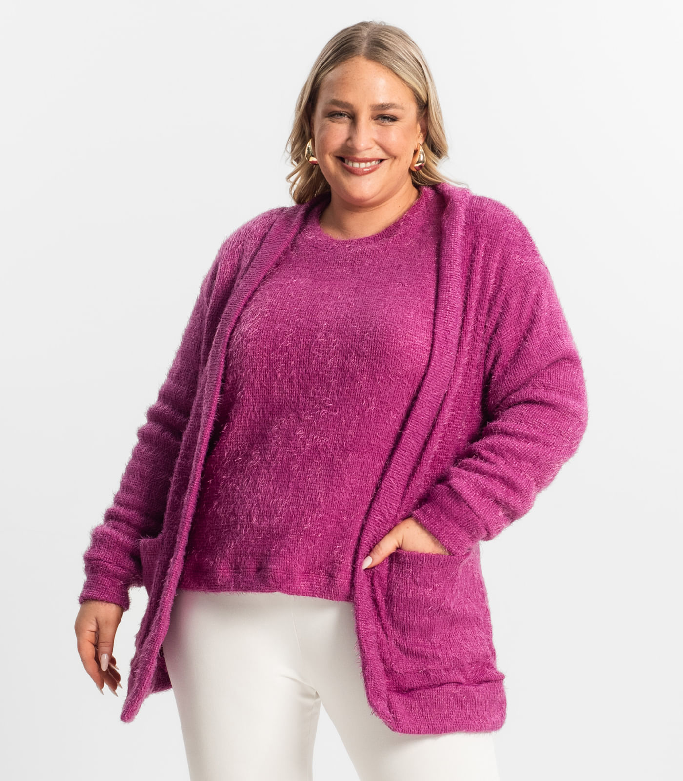Cardigan Feminino Plus Size em Tricot Secret Glam Roxo
