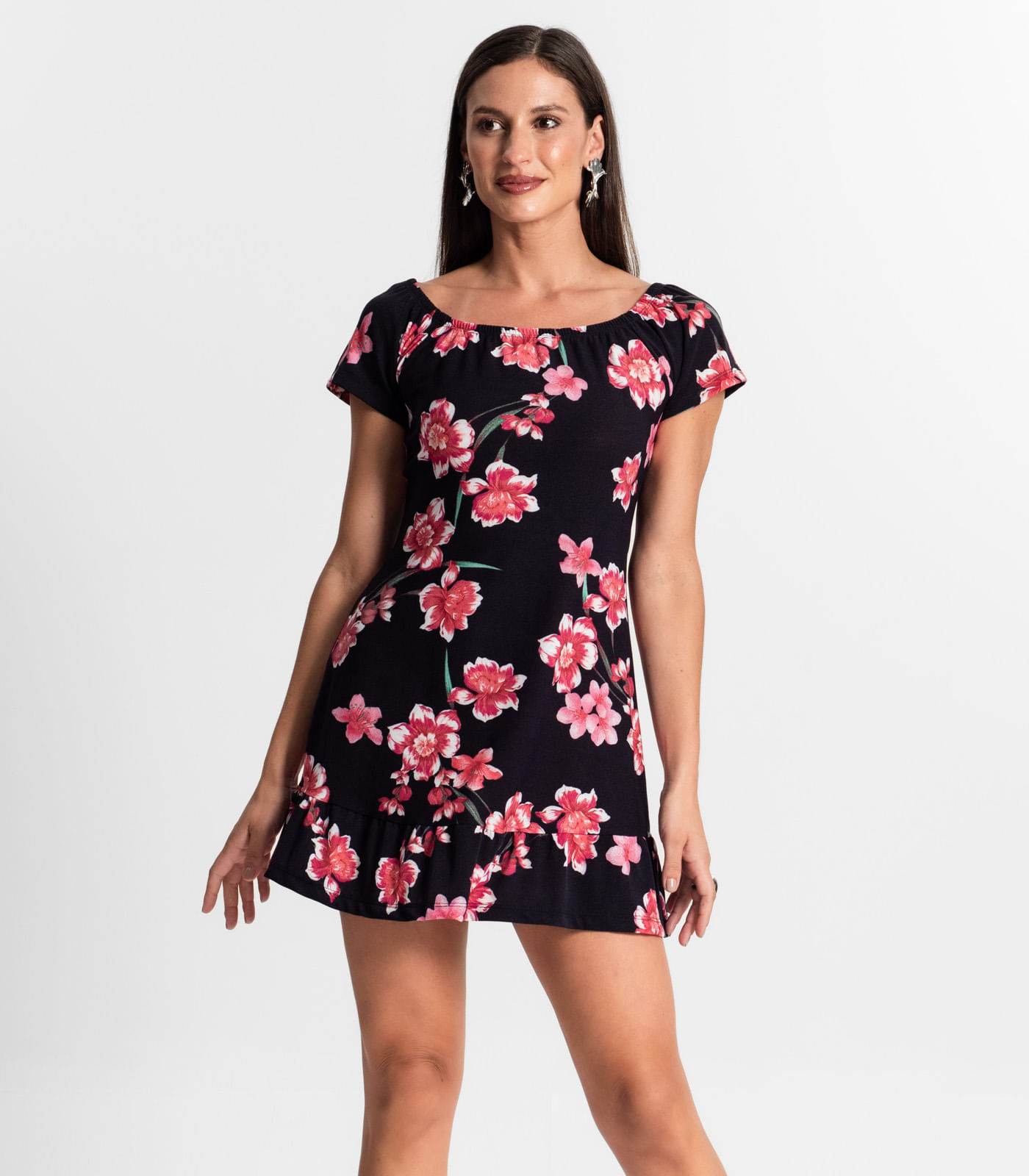 Vestido Feminino Ciganinha Estampado Curto Use Up Preto