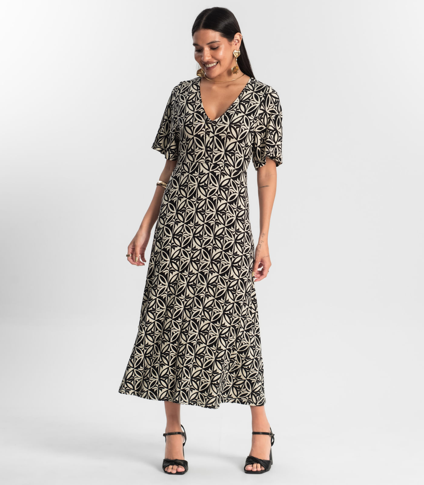 Vestido Estampado Feminino Midi Preto