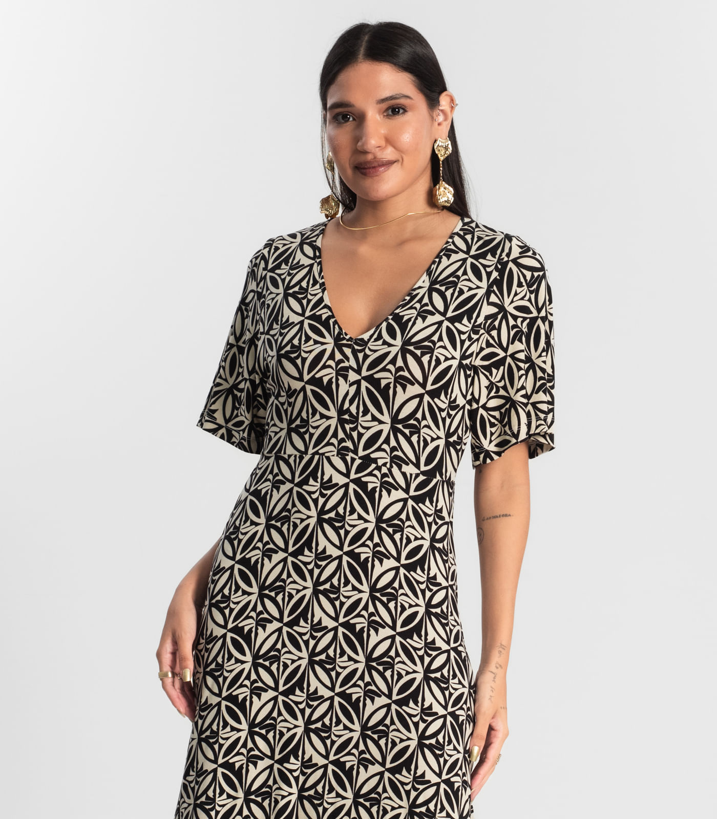 Vestido Estampado Feminino Midi Preto - Imagem 2