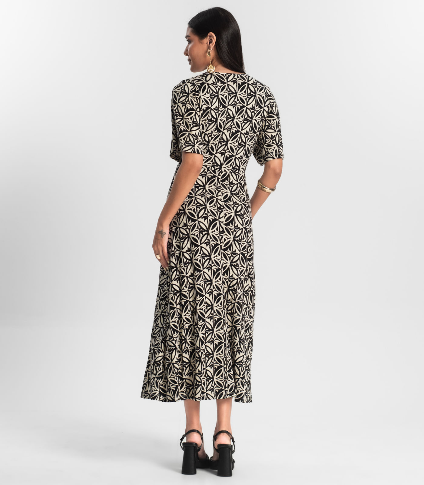 Vestido Estampado Feminino Midi Preto - Imagem 3