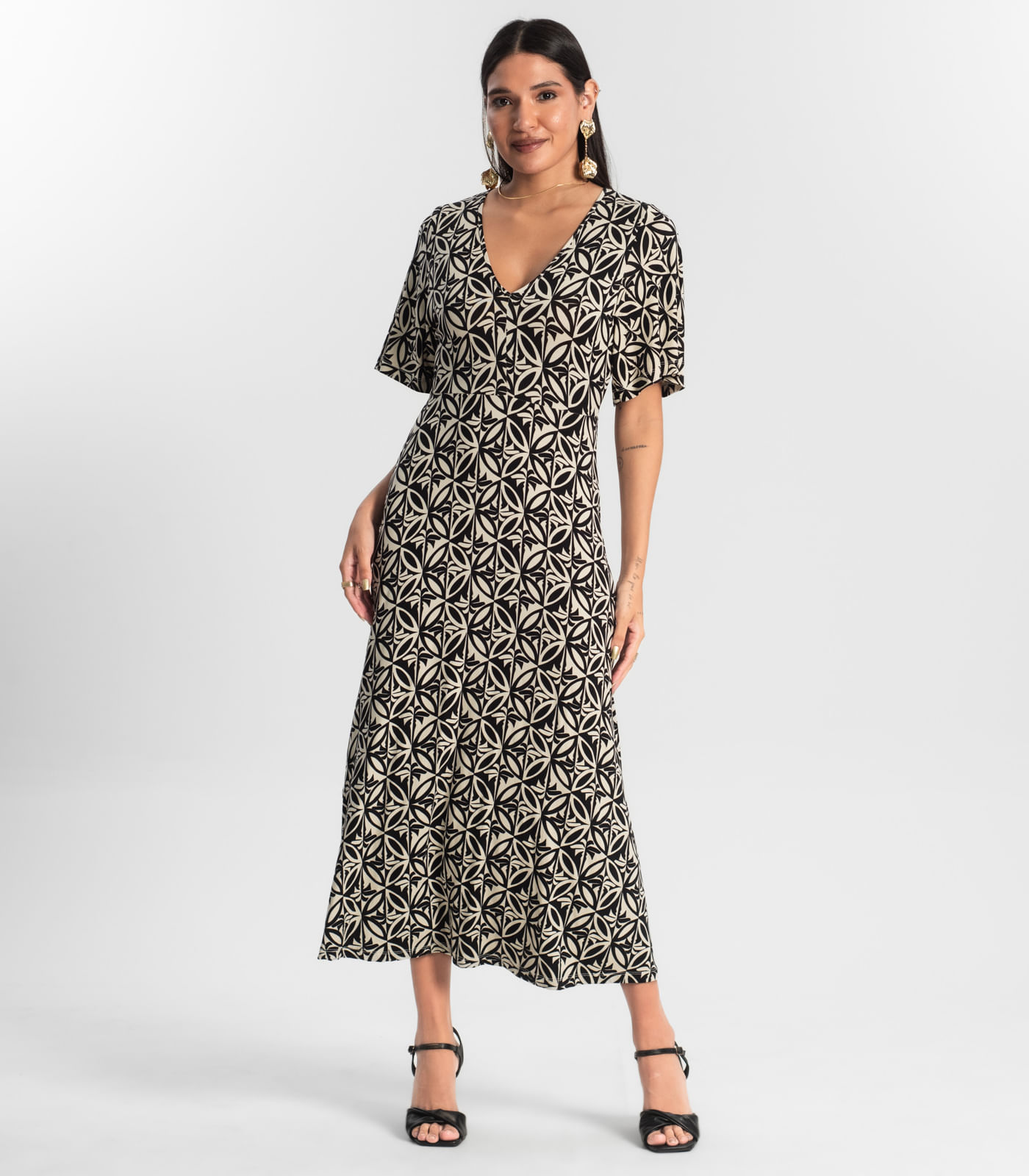 Vestido Estampado Feminino Midi Preto - Imagem 4