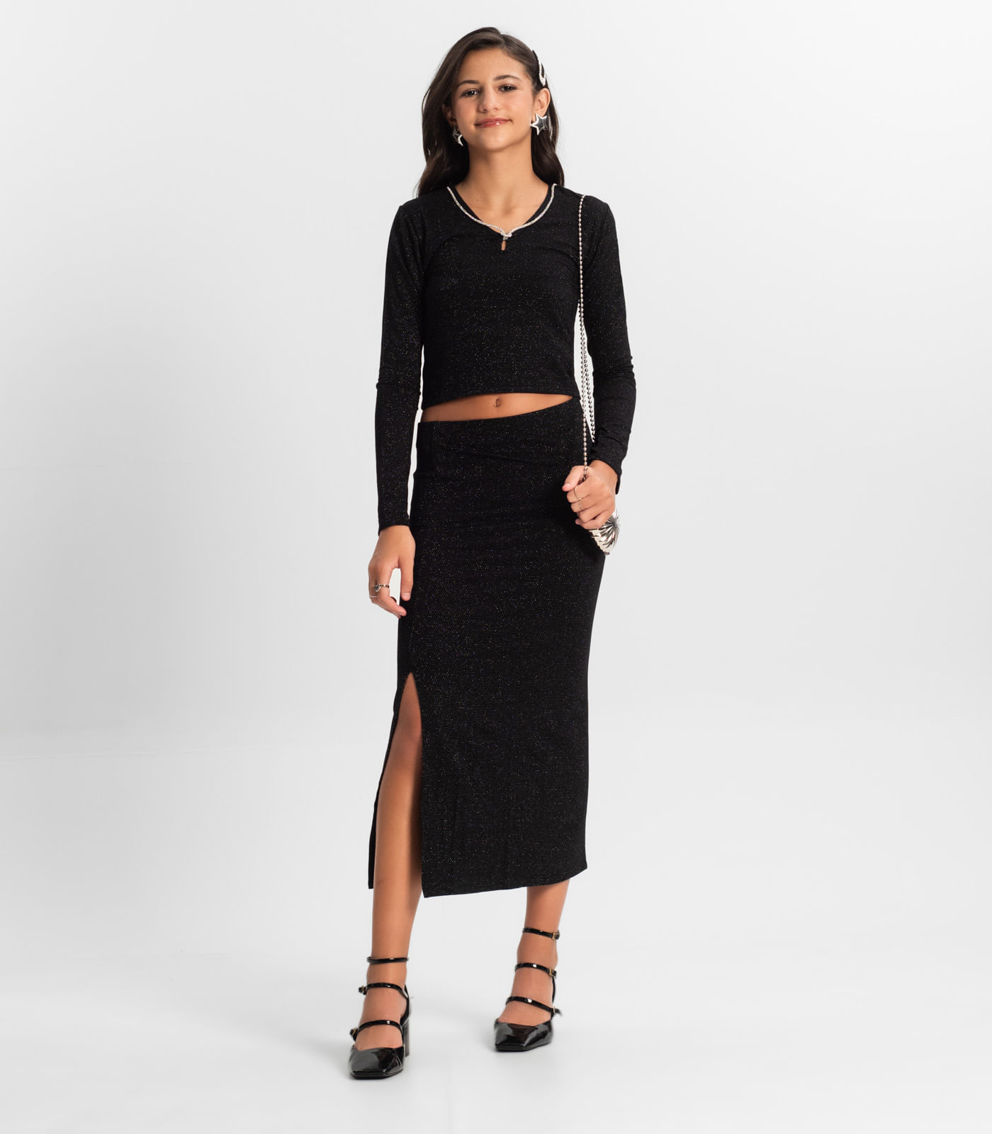 Conjunto Juvenil Blusa Com Saia Midi Minty Preto