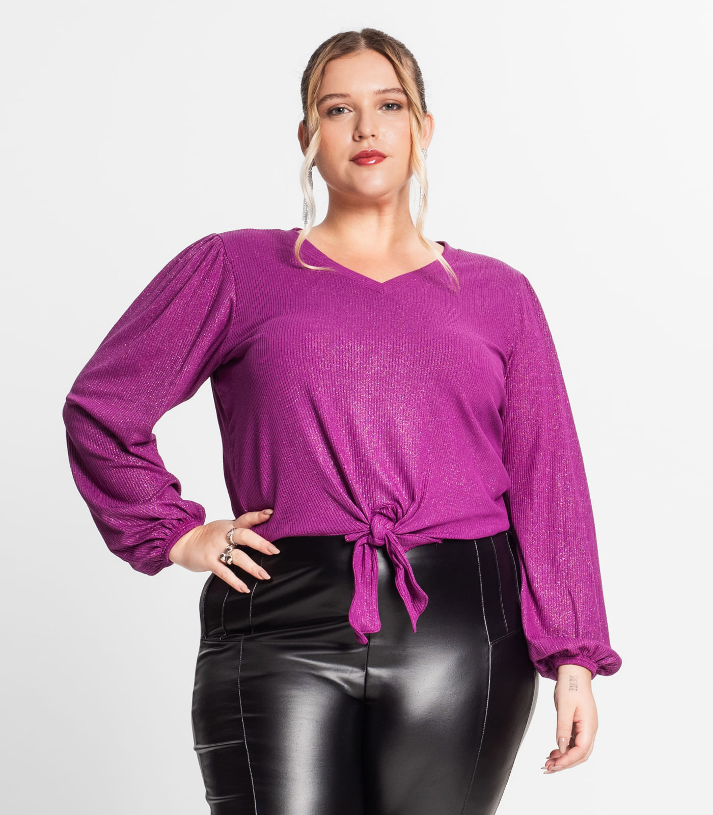 Blusa Manga Longa em Ribana Canelada Secret Glam Roxo