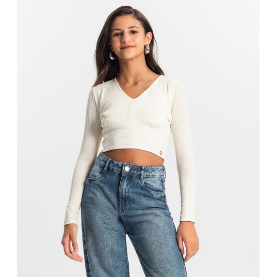 Blusa Cropped Juvenil Manga Longa Minty Bege - Minty