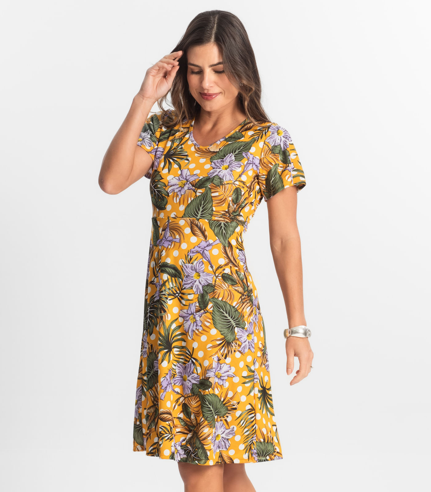 Vestido Feminino Evasê Estampado Select Amarelo - Imagem 2