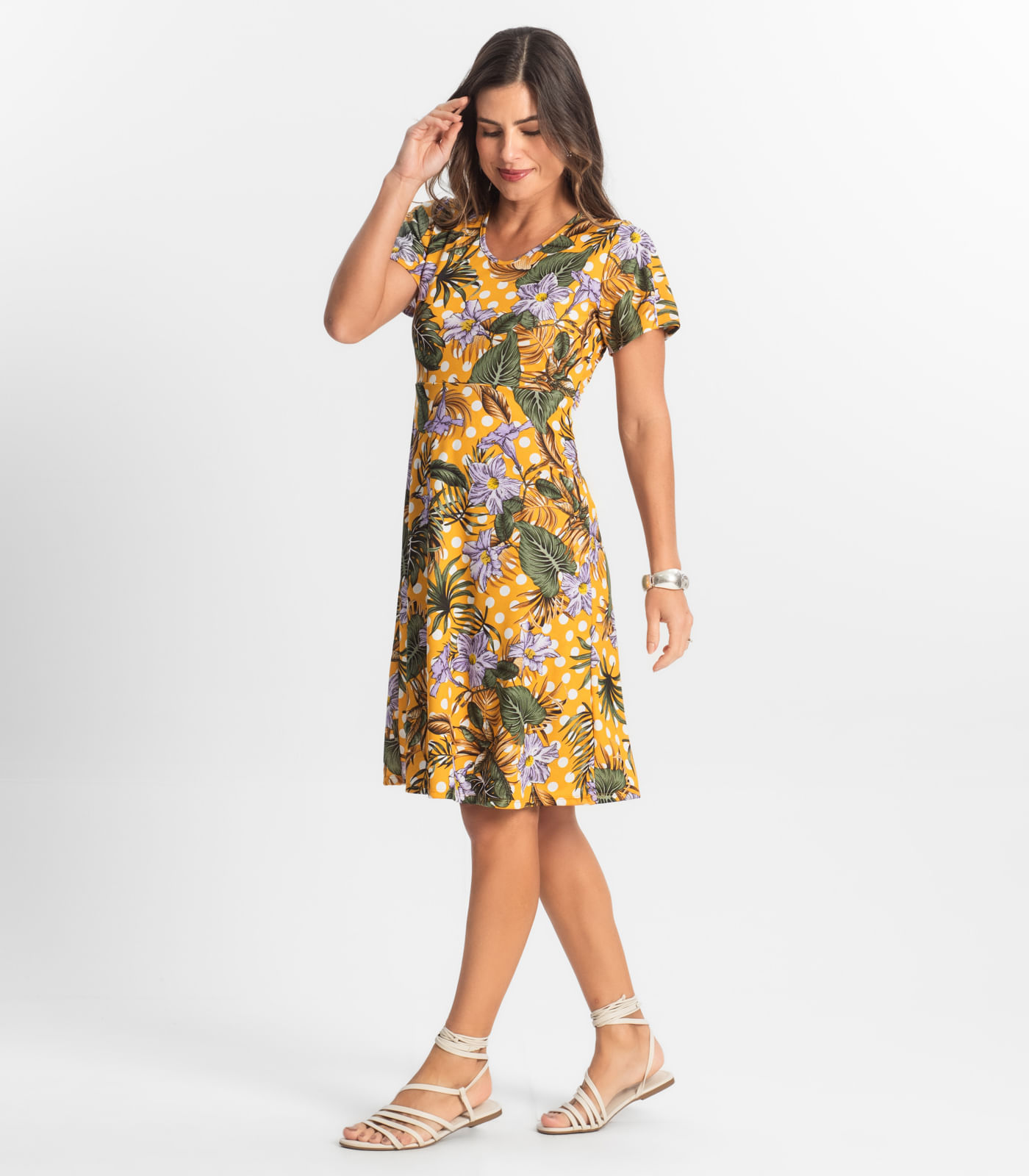 Vestido Feminino Evasê Estampado Select Amarelo - Imagem 4