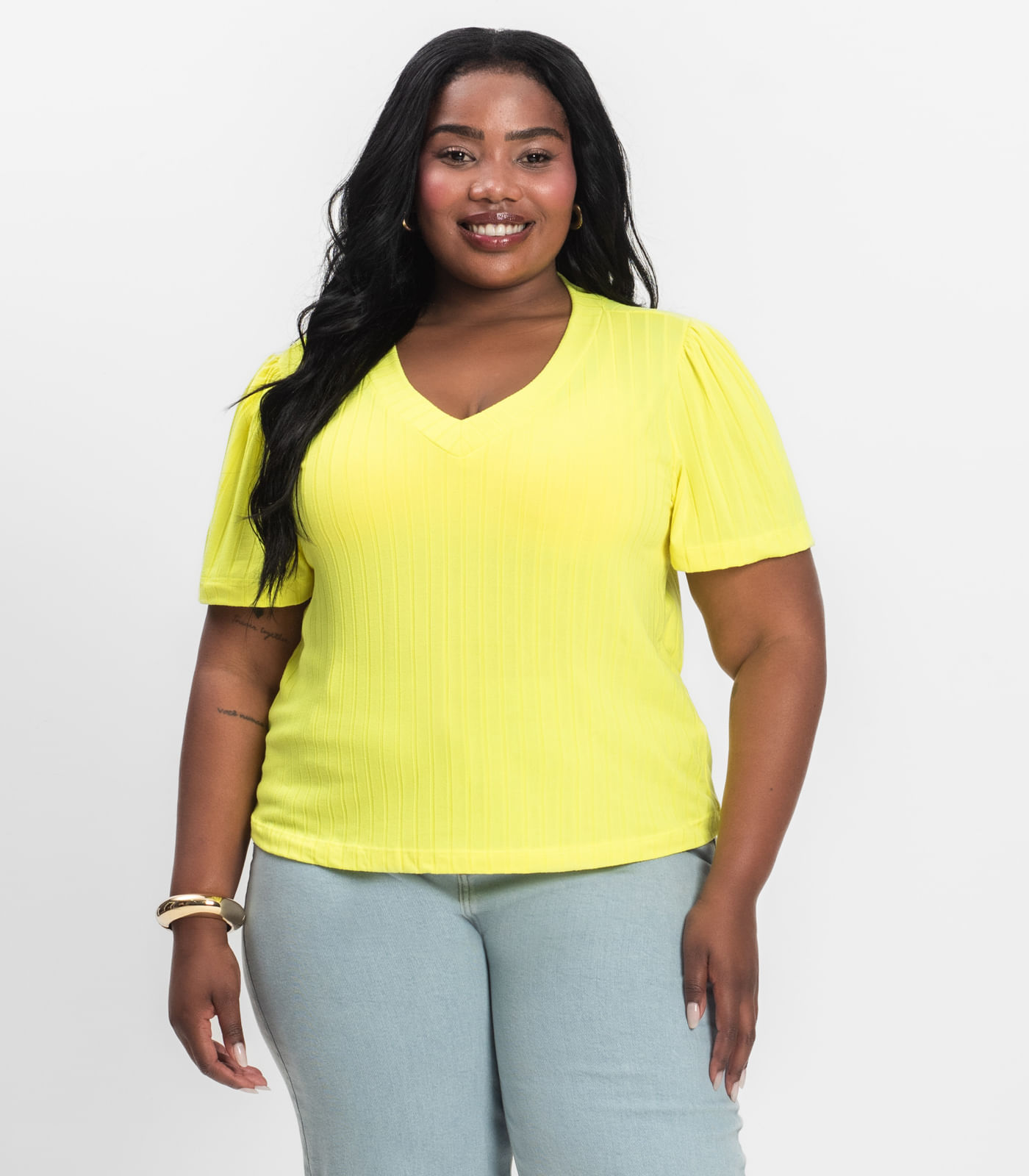 Blusa Canelada Plus Infinita Cor Limao - Plus G3