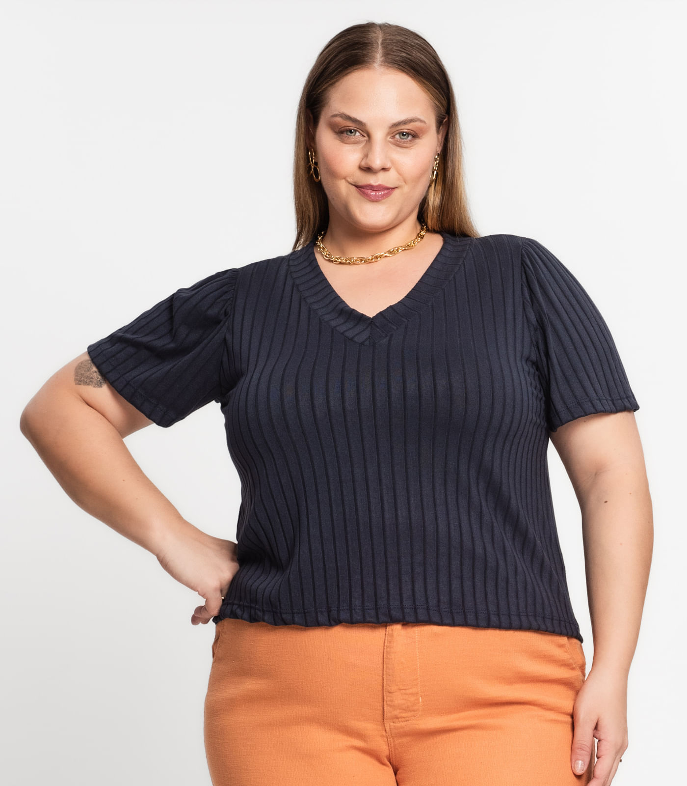 Blusa Canelada Plus Infinita Cor Azul - Imagem 8