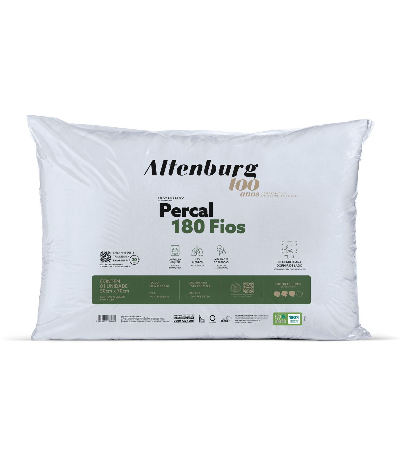 Travesseiro Percal 180 Fios Antialérgico Altenburg Branco