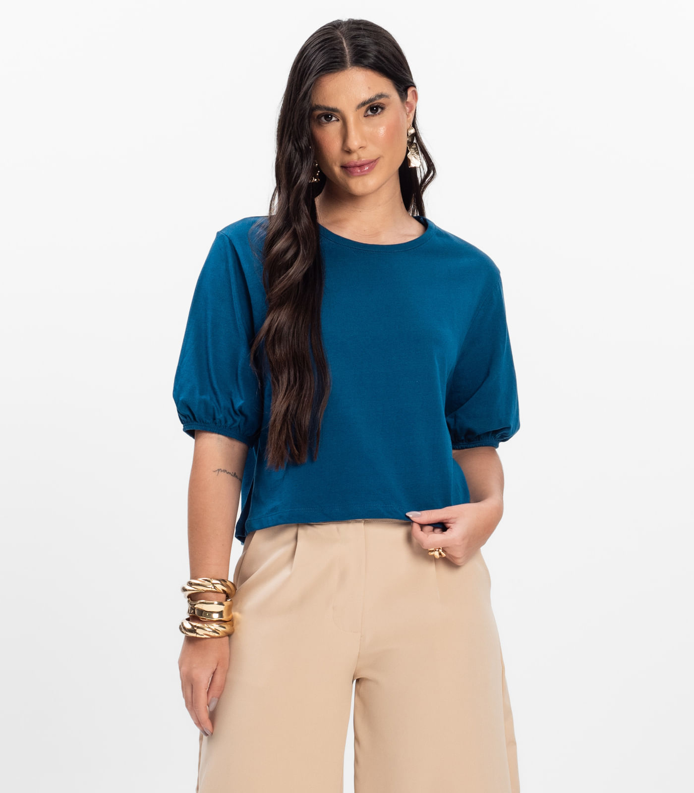 Blusa Manga Camponesa Feminina Rovitex Azul