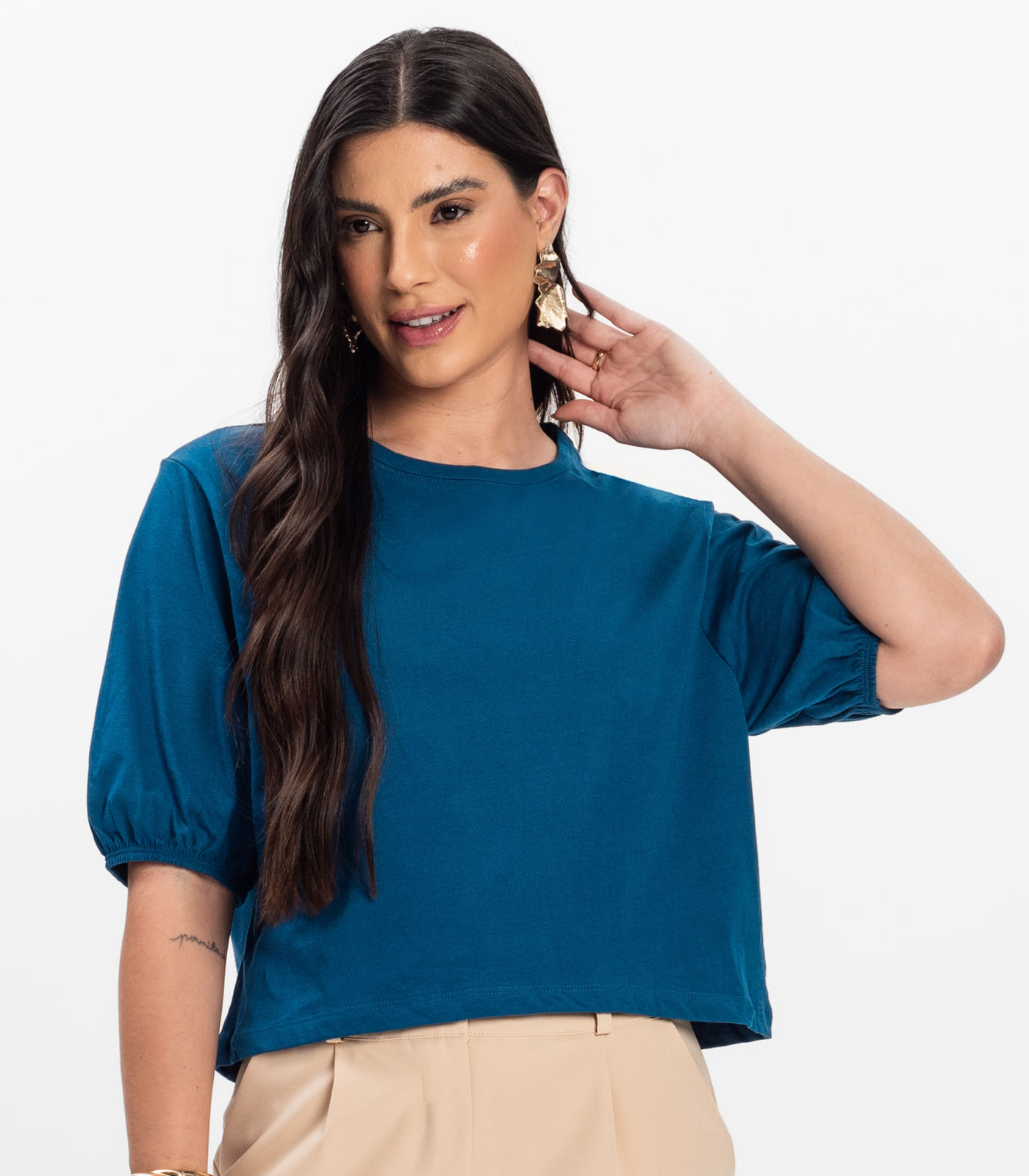 Blusa Manga Camponesa Feminina Rovitex Azul - Imagem 2