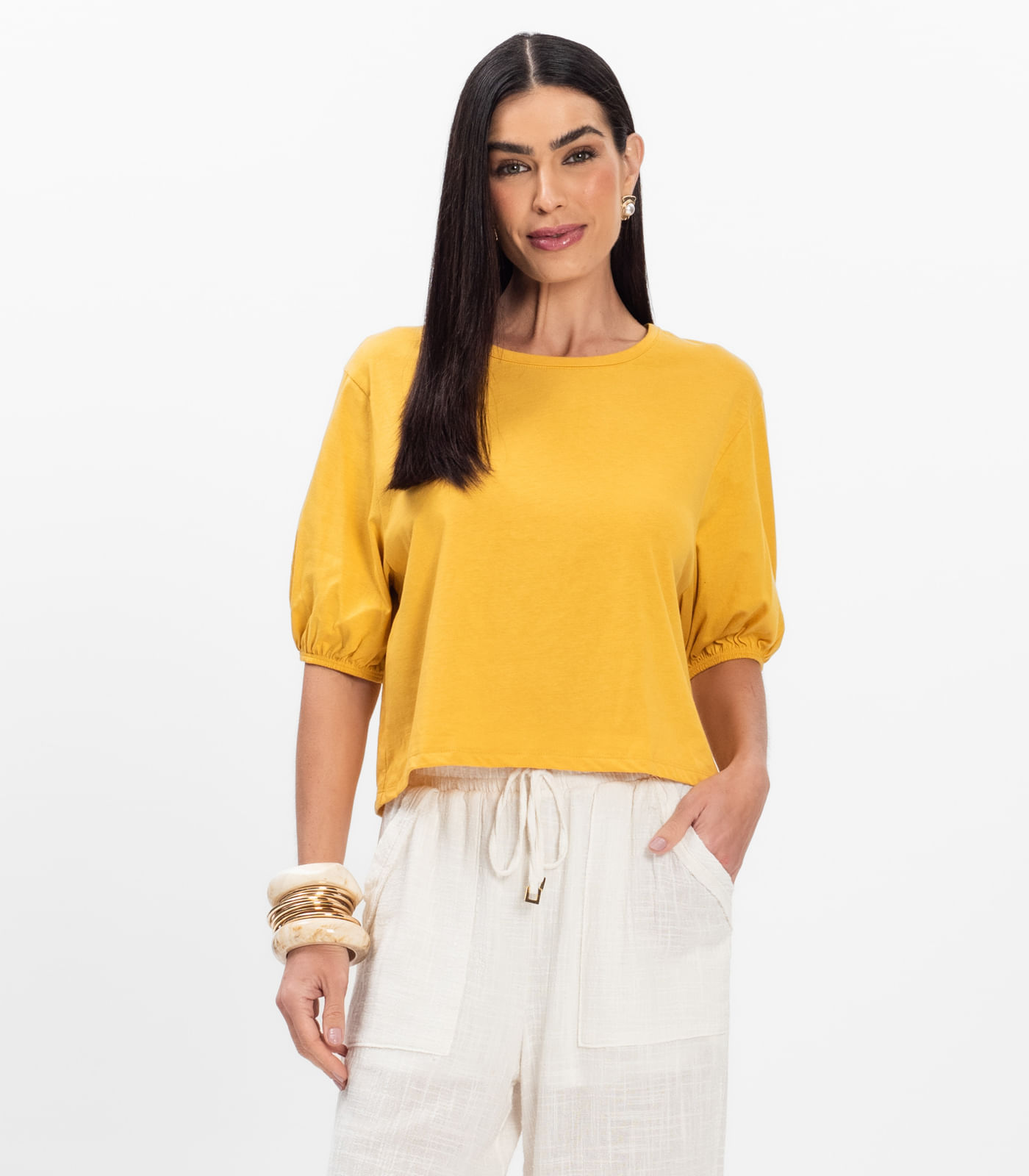 Blusa Manga Camponesa Feminina Rovitex Amarelo - Imagem 19