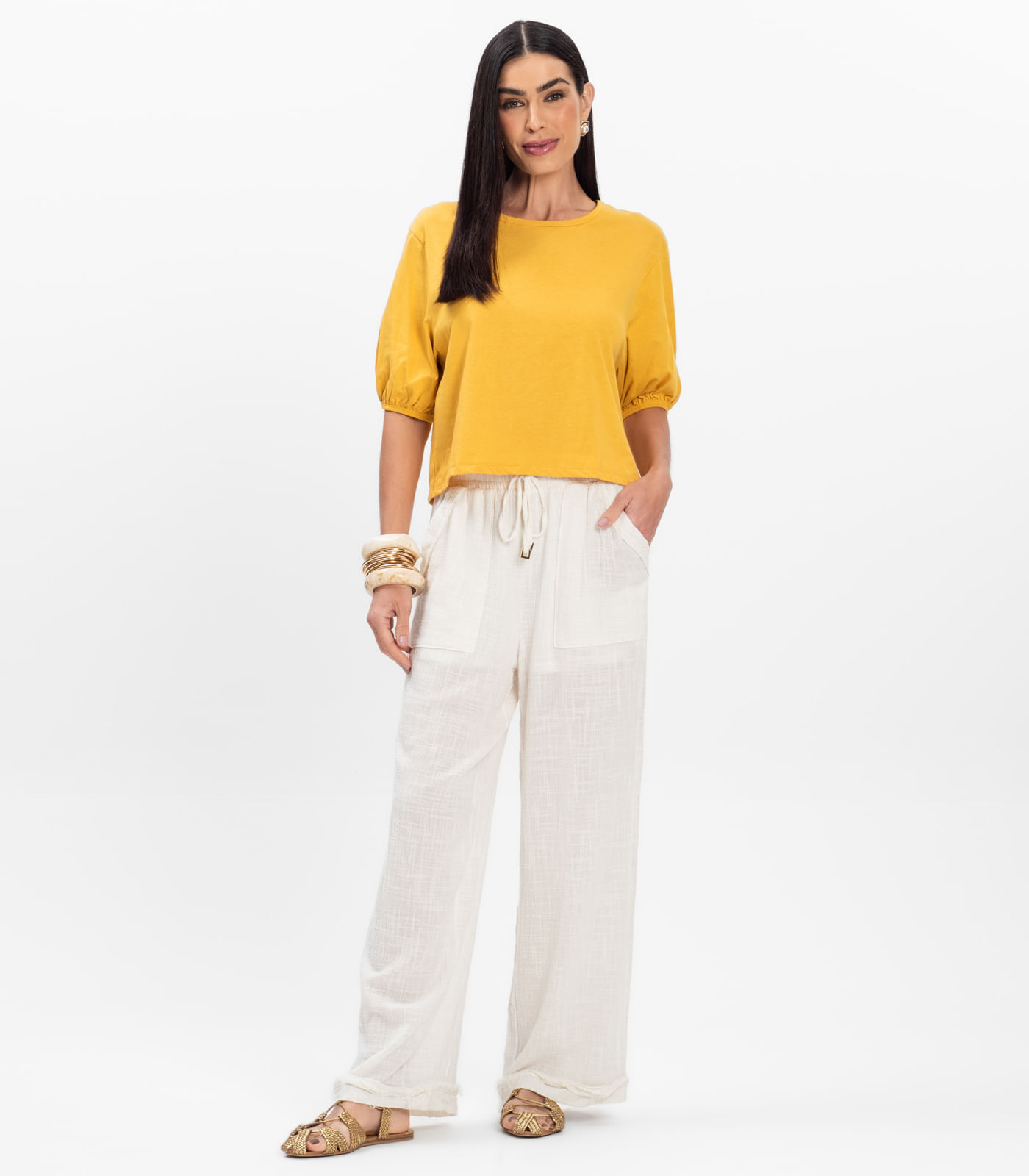 Blusa Manga Camponesa Feminina Rovitex Amarelo - Imagem 22