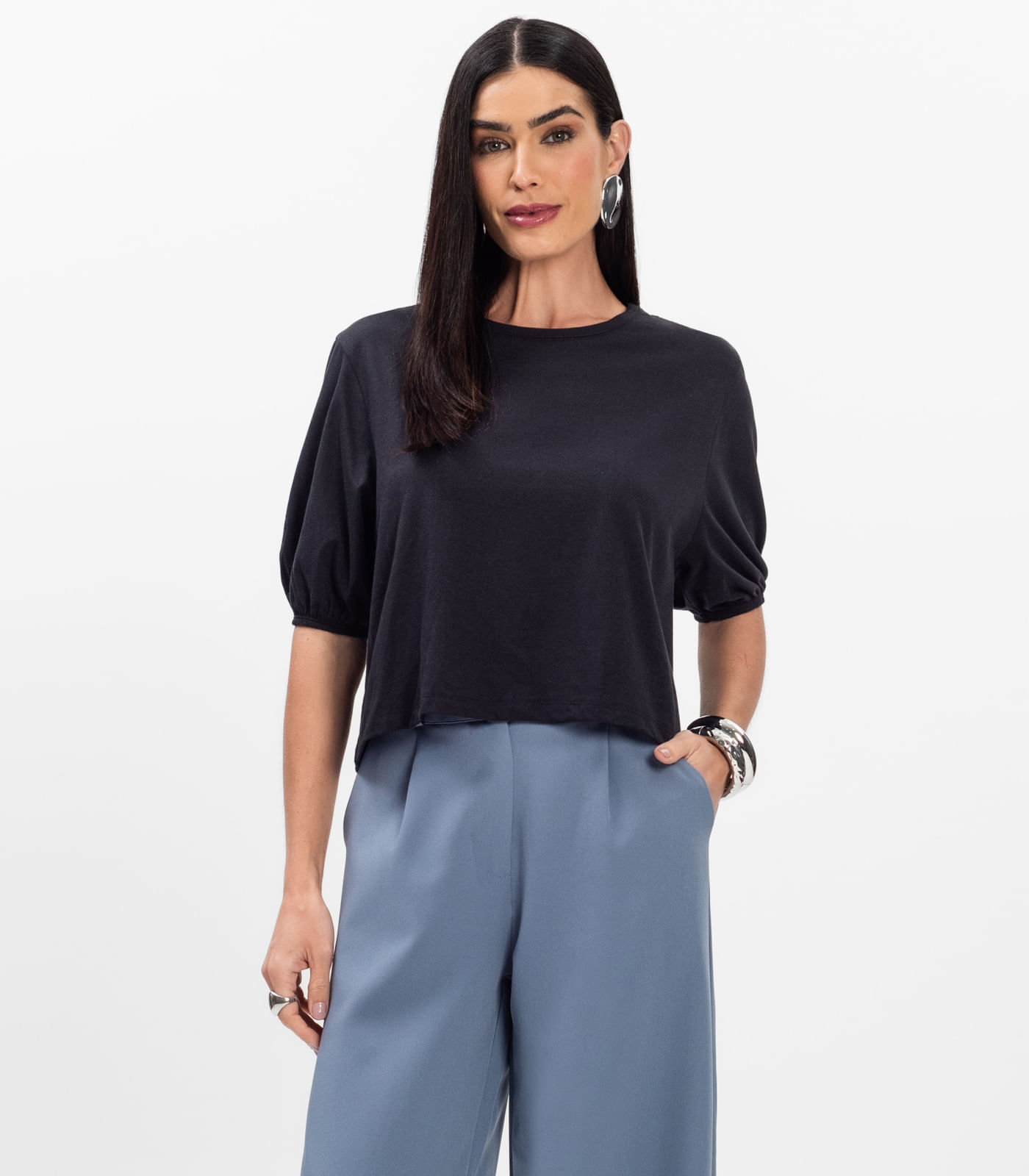 Blusa Manga Camponesa Feminina Rovitex Preto