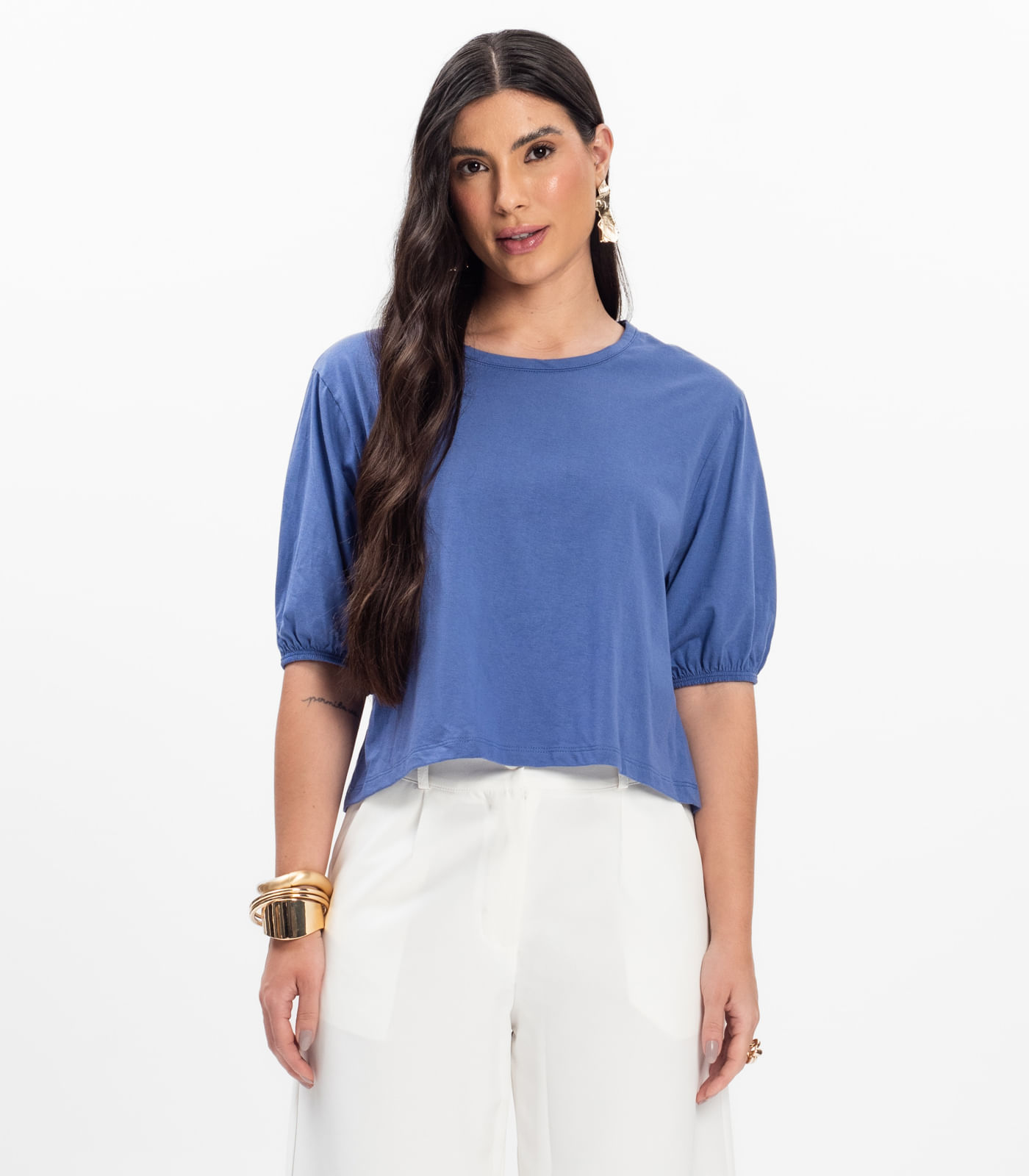 Blusa Manga Camponesa Feminina Rovitex Azul