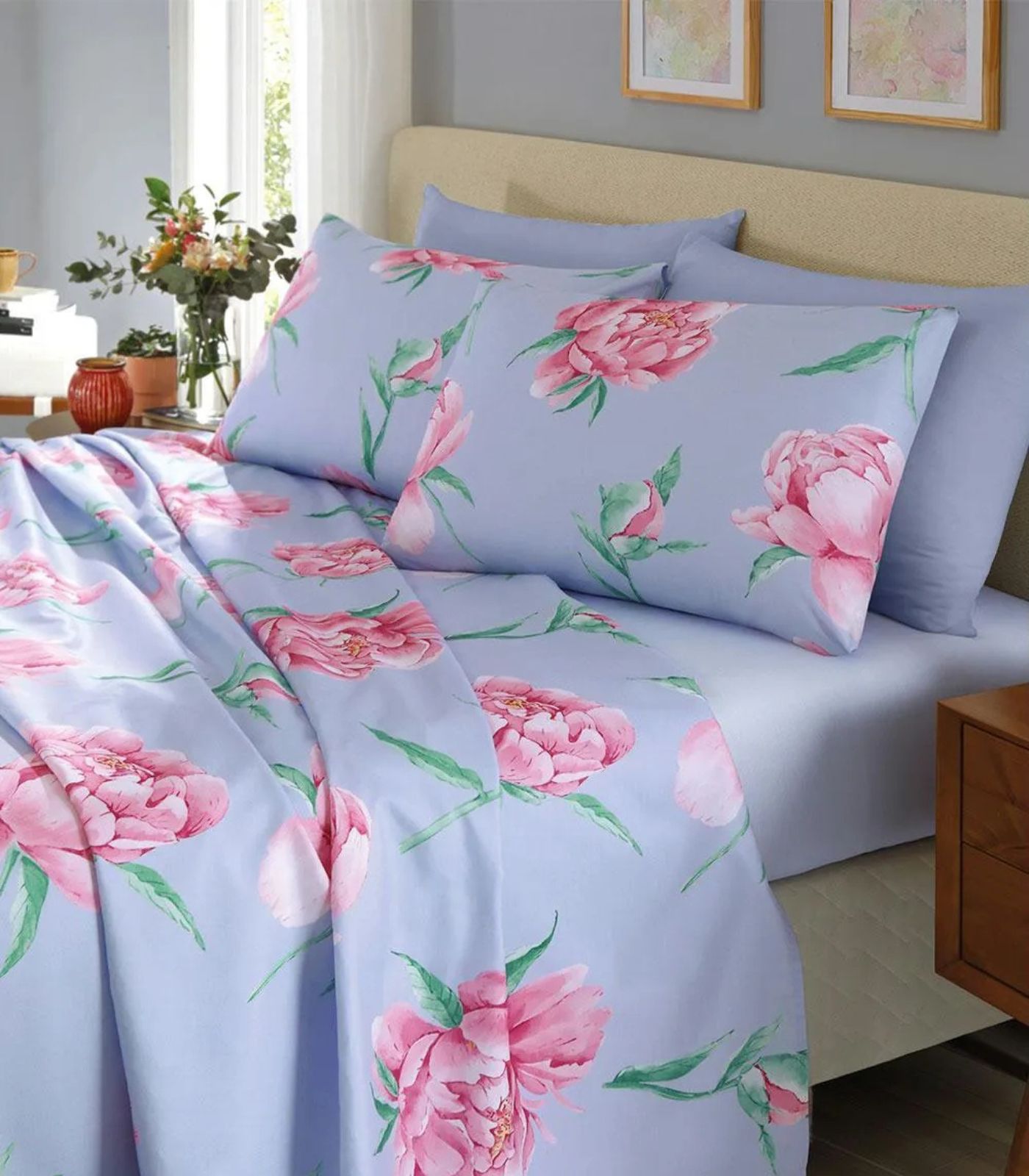 Jogo De Cama Casal Floral 200 Fios Lar E Lazer Azul - Imagem 3