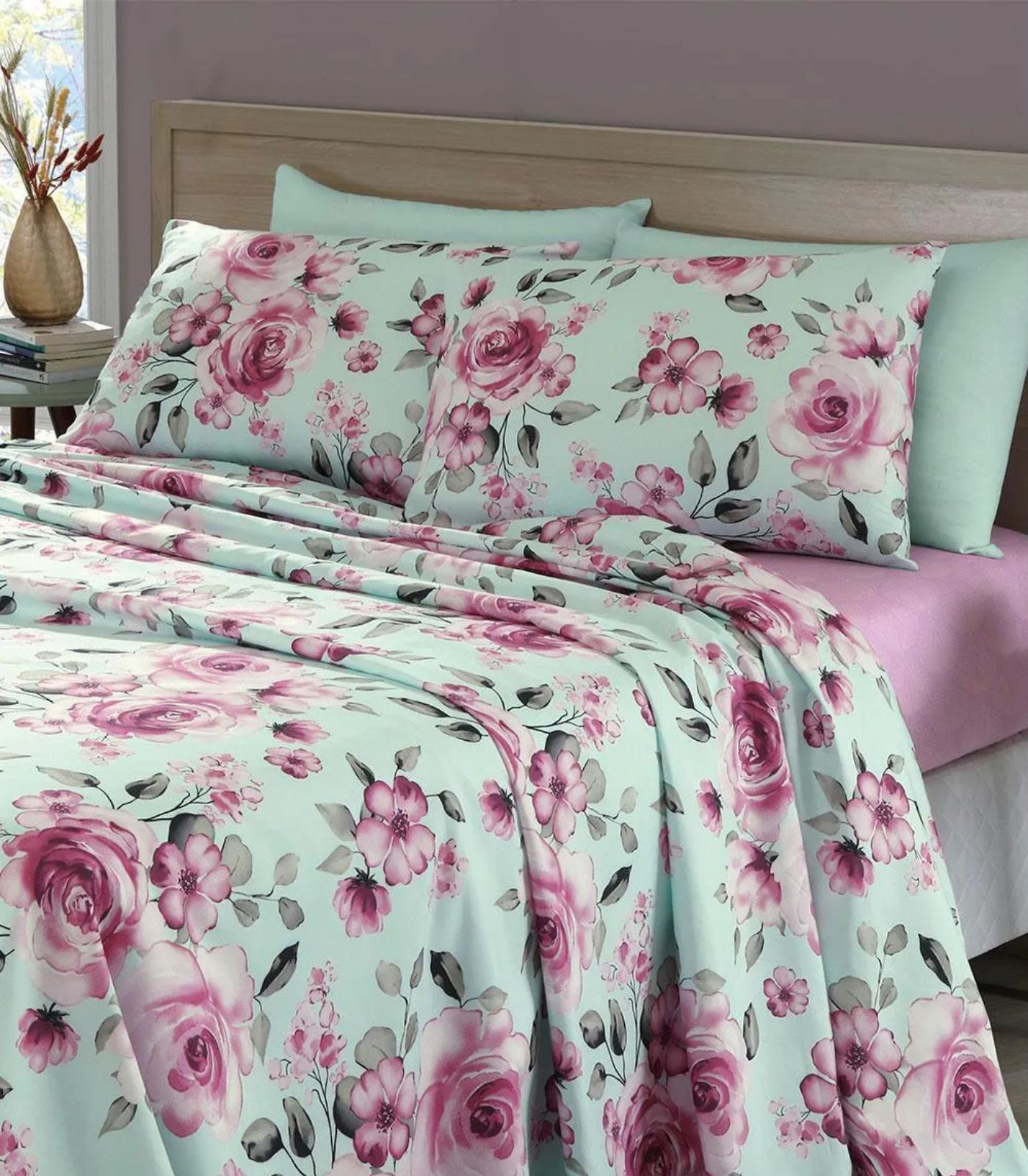 Jogo De Cama Queen Floral 200 Fios Lar E Lazer Verde - Imagem 3