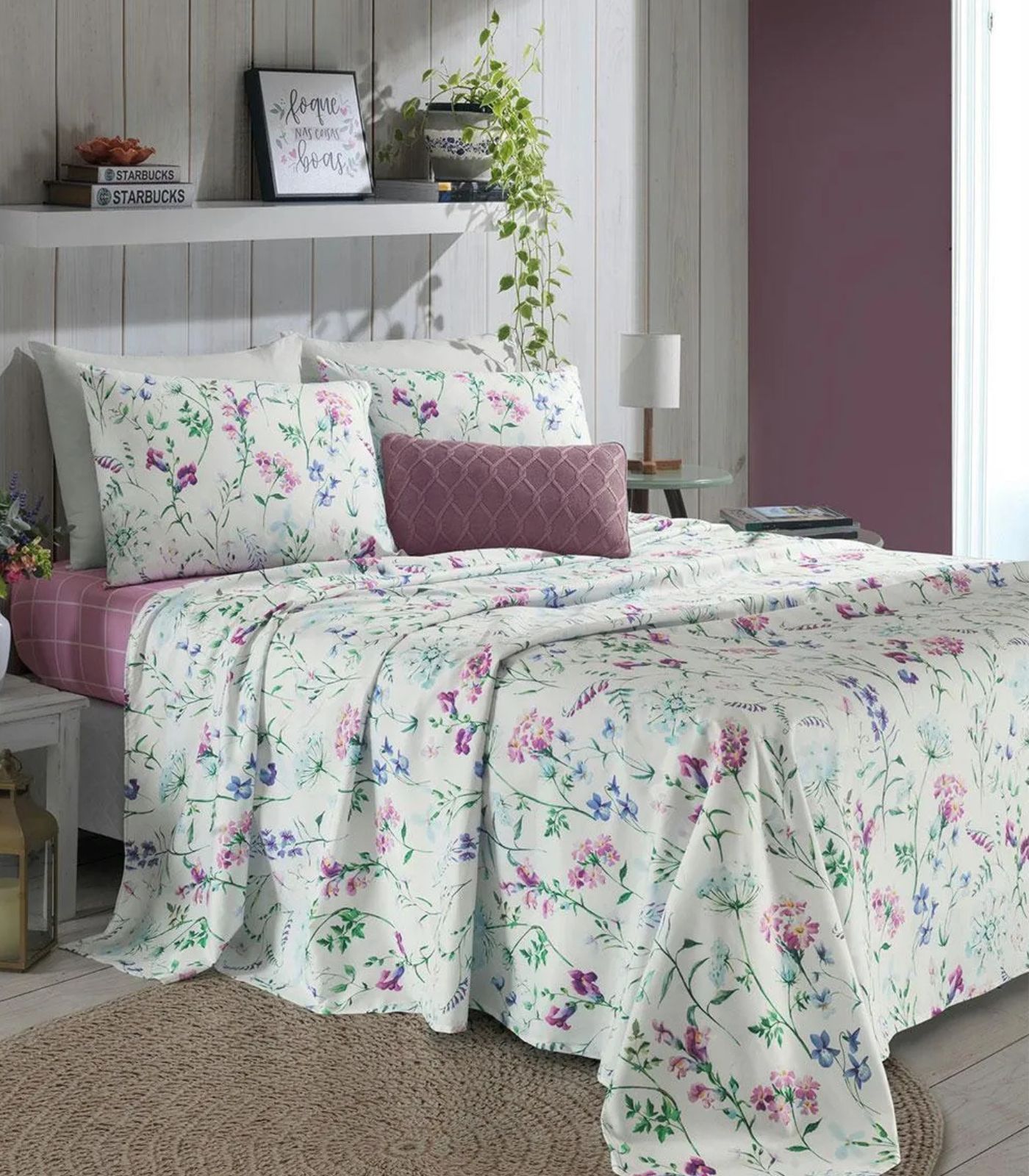 Jogo De Cama Queen Floral 200 Fios Lar e Lazer Bege - Imagem 2