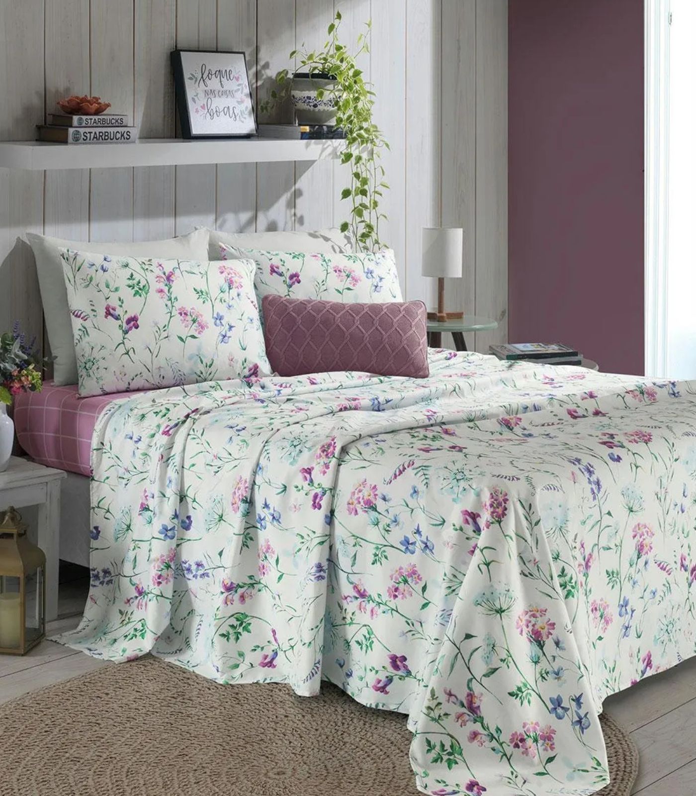 Jogo De Cama Solteiro Floral 200 Fios Lar e Lazer Bege - Imagem 2