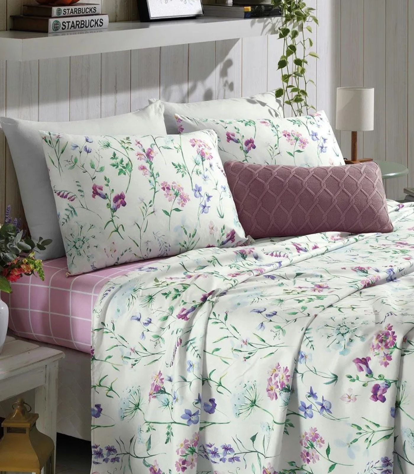 Jogo De Cama Solteiro Floral 200 Fios Lar e Lazer Bege - Imagem 3