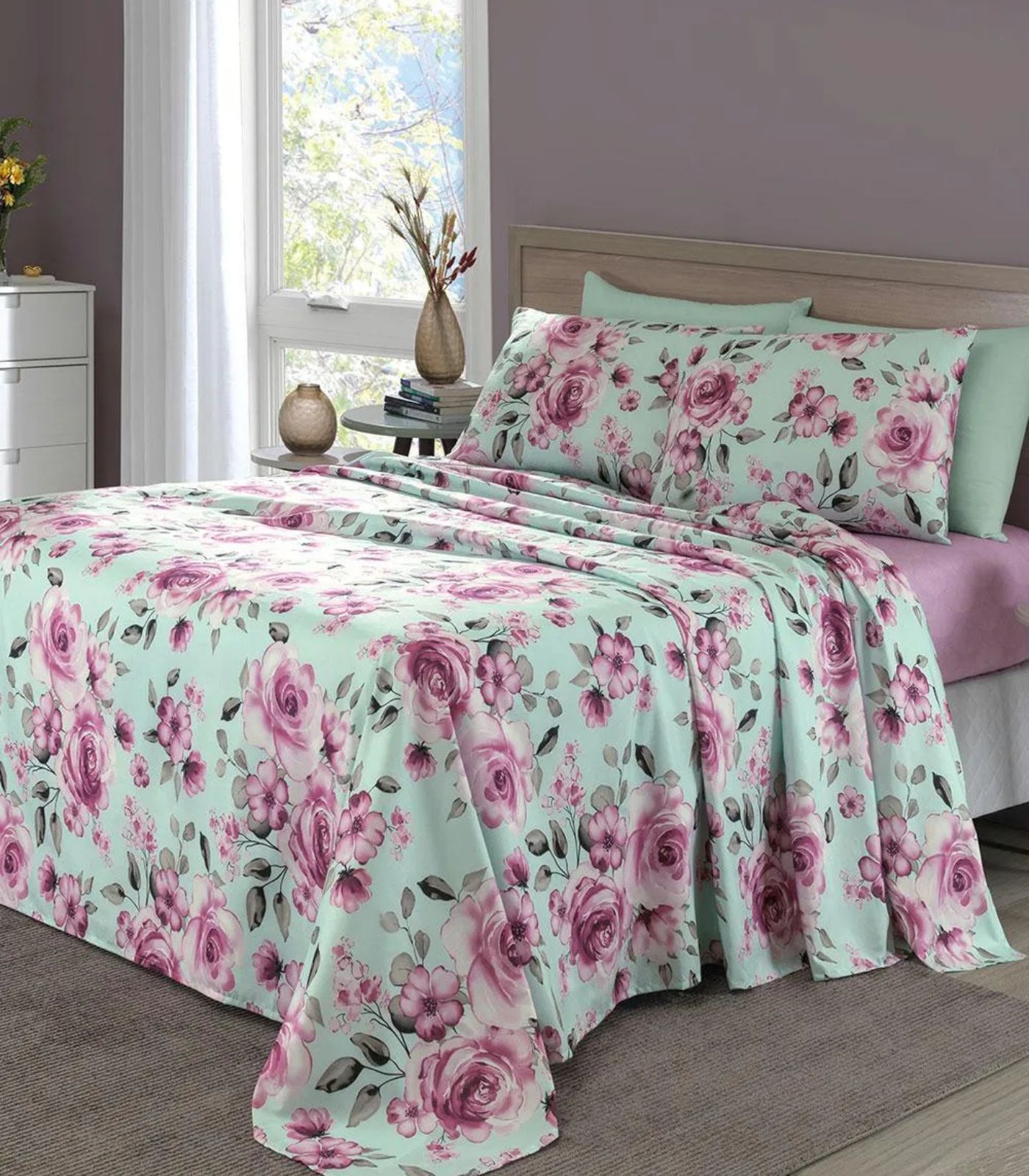Jogo De Cama Casal Floral 200 Fios Lar e Lazer Verde - Imagem 2