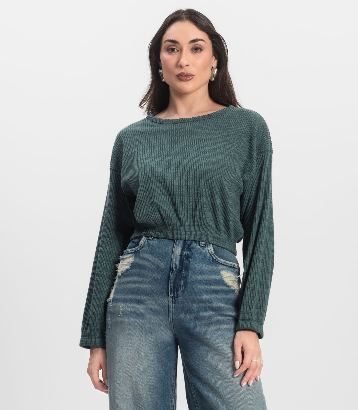 Blusão Feminino Canelado Com Elástico Nolita Verde - Imagem 9