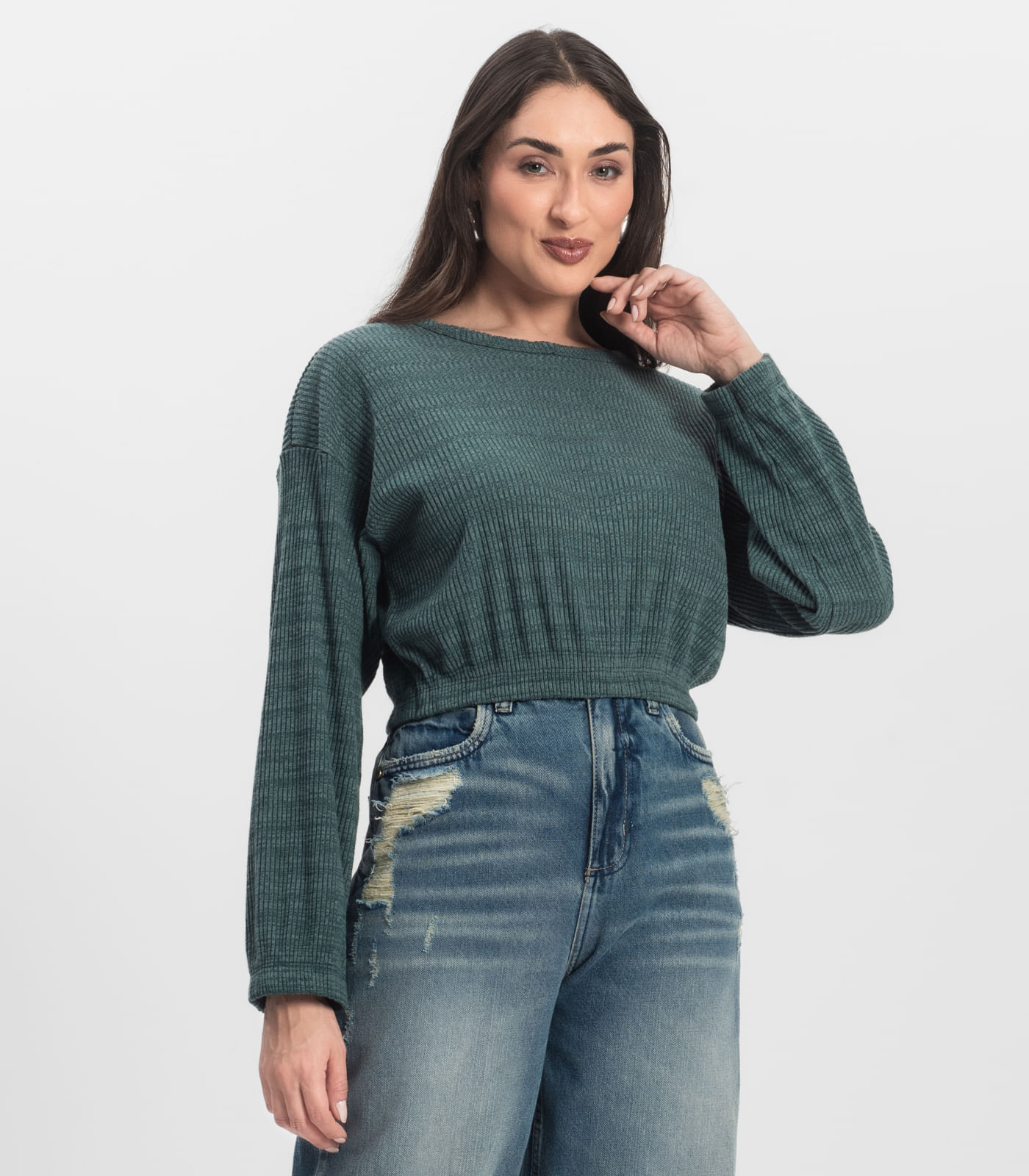 Blusão Feminino Canelado Com Elástico Nolita Verde - Imagem 10