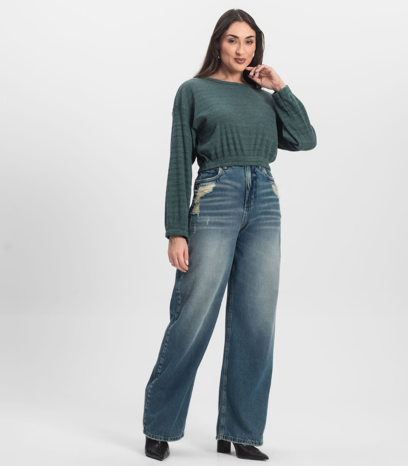 Blusão Feminino Canelado Com Elástico Nolita Verde - Imagem 8