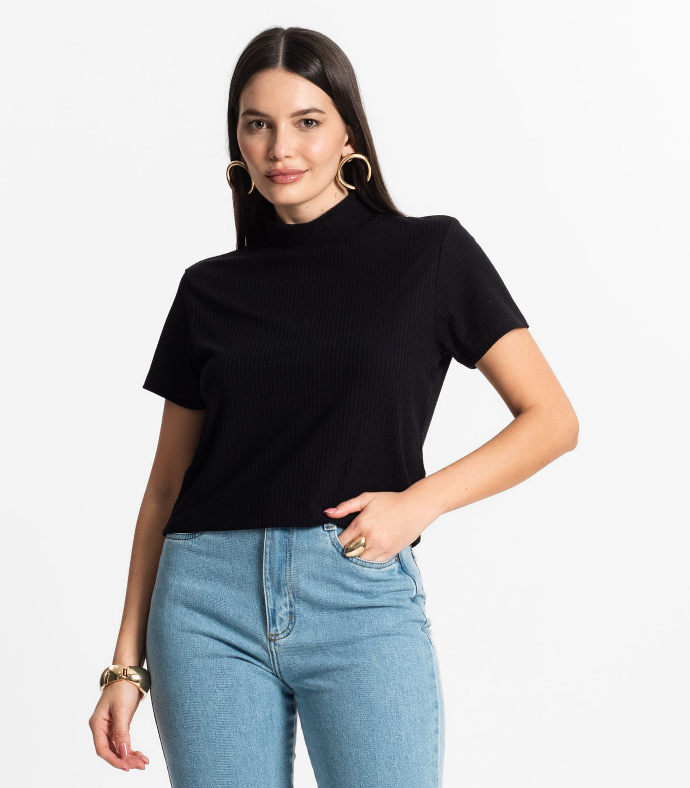 Blusa Feminina Canelada Viscose Manga Curta Select Preto - Imagem 9
