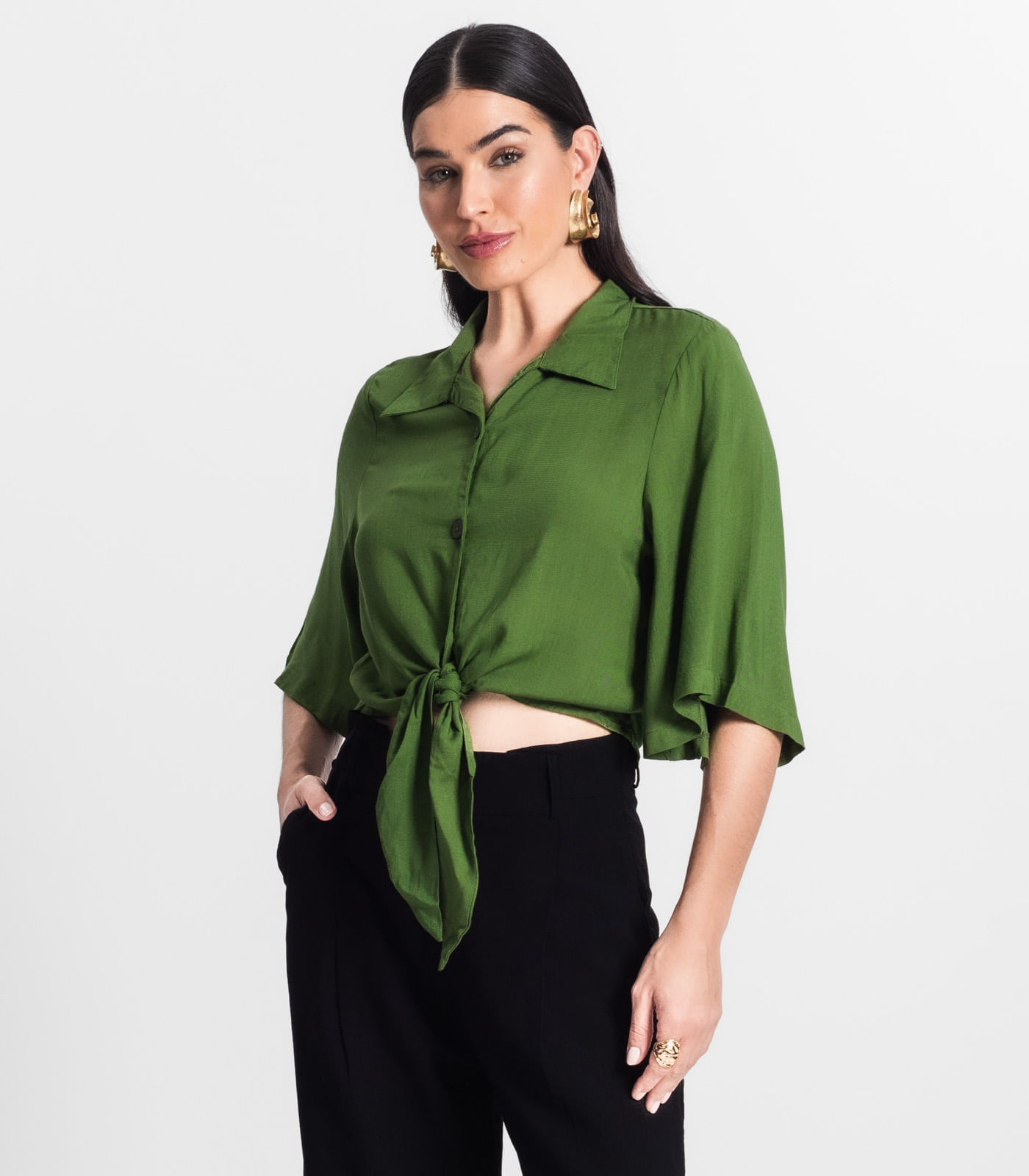 Camisa Feminina Cropped Com Amarração Select Verde - Imagem 17