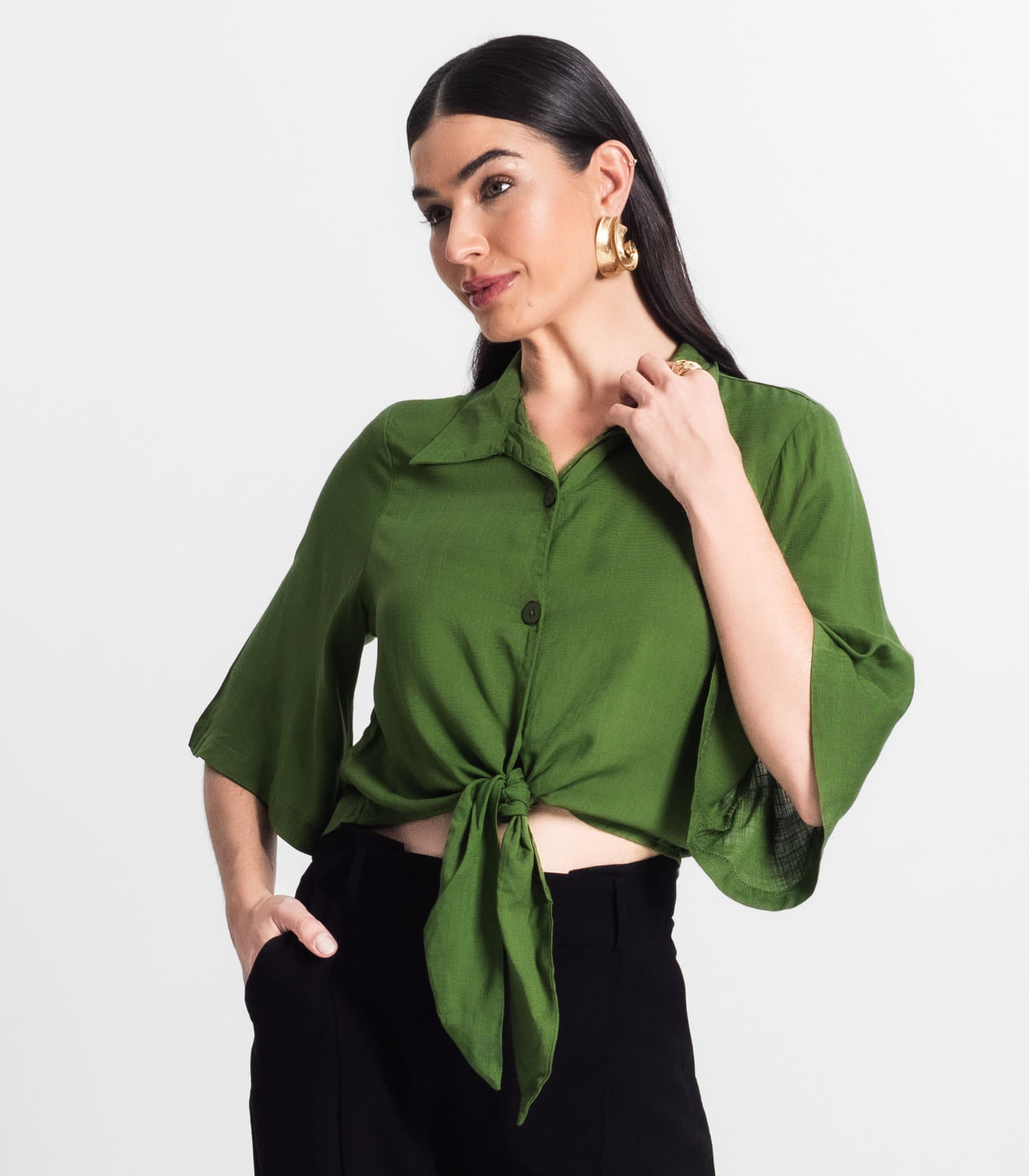 Camisa Feminina Cropped Com Amarração Select Verde - Imagem 18