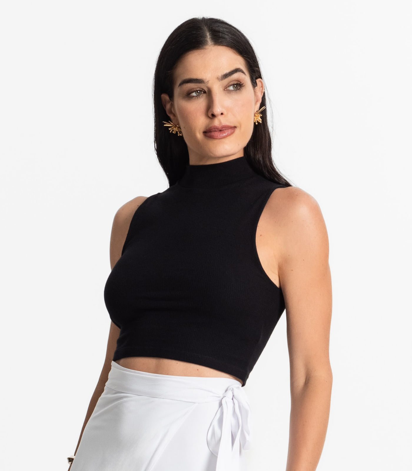 Regata Com Gola Alta Ribana Algodão Básica Select Preto - Imagem 2